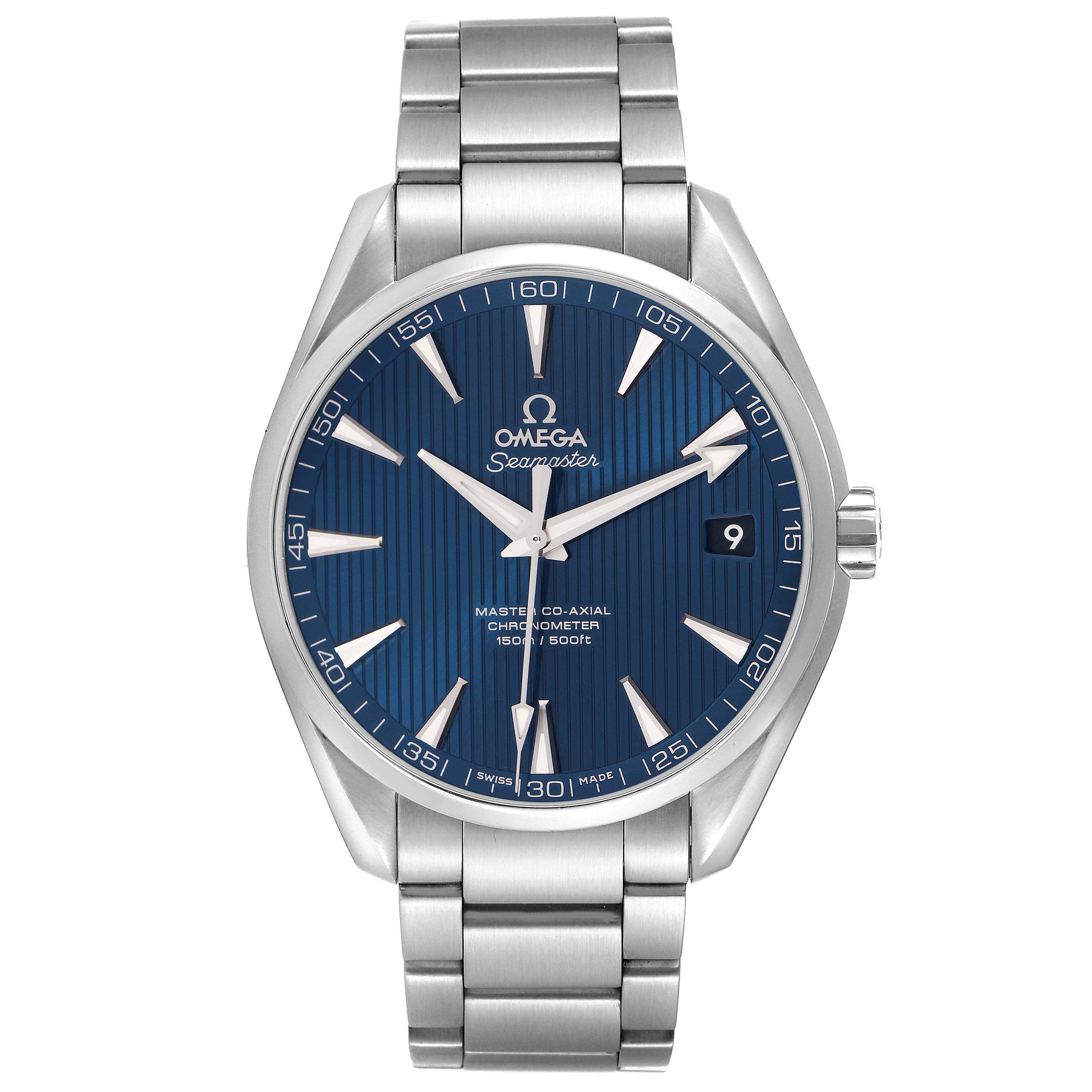 The Omega Aqua Terra 231.10.42.21.03.003 Men
s Stainless Steel Blue Dial 231.10.42.21.03.003 Men
s Stainless Steel Blue Dial watch is shown from the front, displaying its blue dial, hands, markers, date window, and full bracelet.