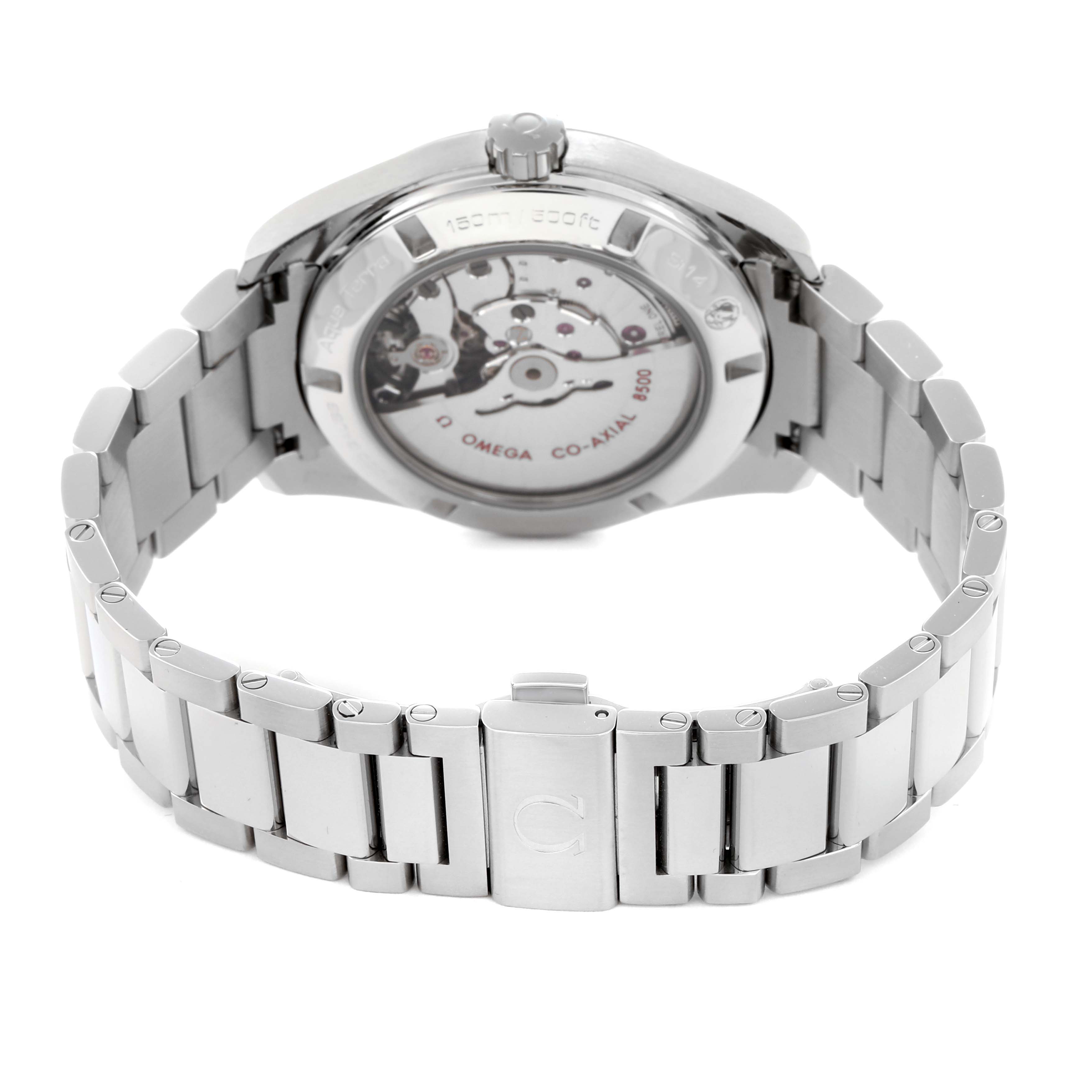 The Omega Aqua Terra 231.10.42.21.03.003 Men
s Stainless Steel Blue Dial 231.10.42.21.03.003 Men
s Stainless Steel Blue Dial watch is shown from the back, highlighting the transparent case back and bracelet clasp.