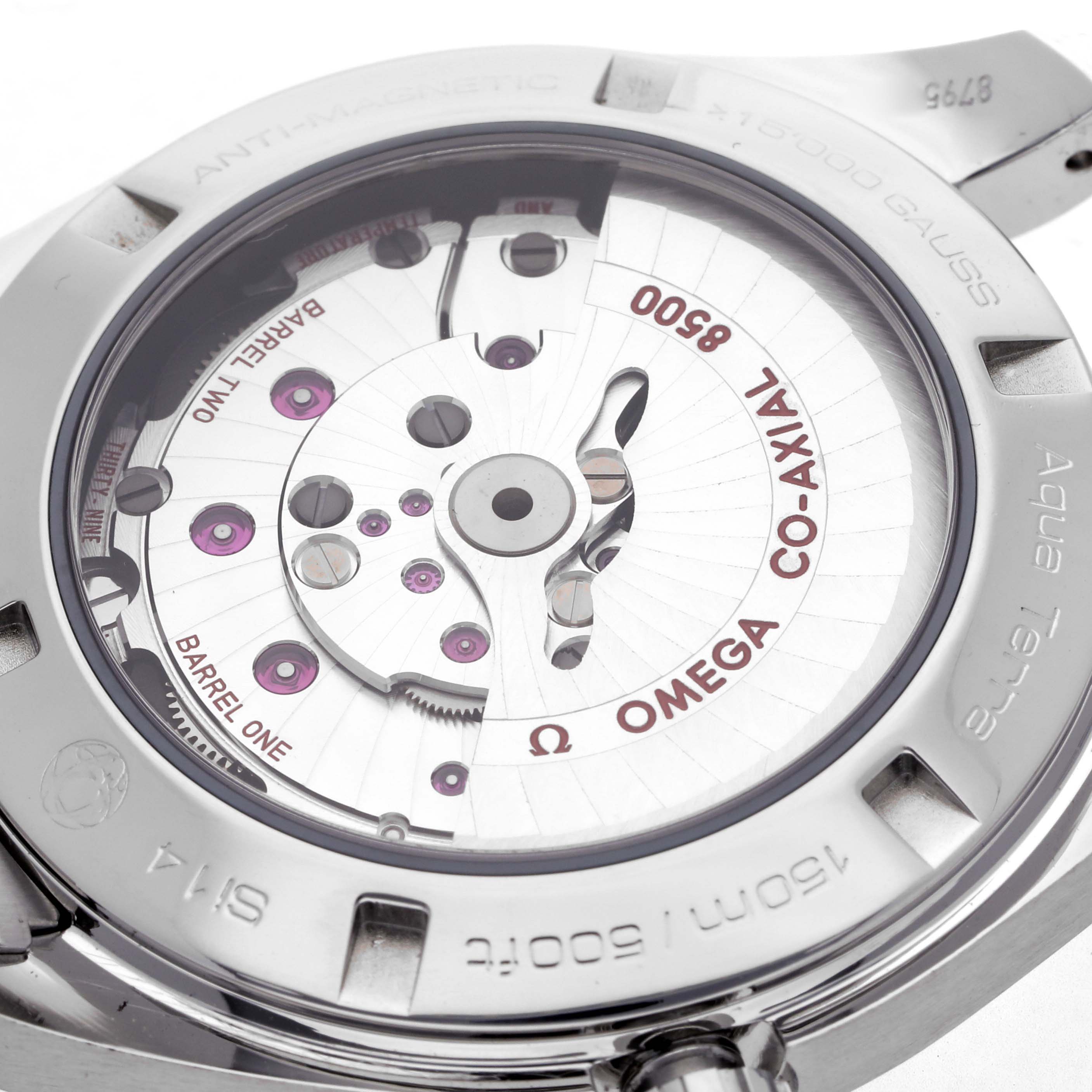 The image shows the back view of the Omega Aqua Terra 231.10.42.21.03.003 Men
s Stainless Steel Blue Dial 231.10.42.21.03.003 Men
s Stainless Steel Blue Dial watch, highlighting its Co-Axial movement and internal components.