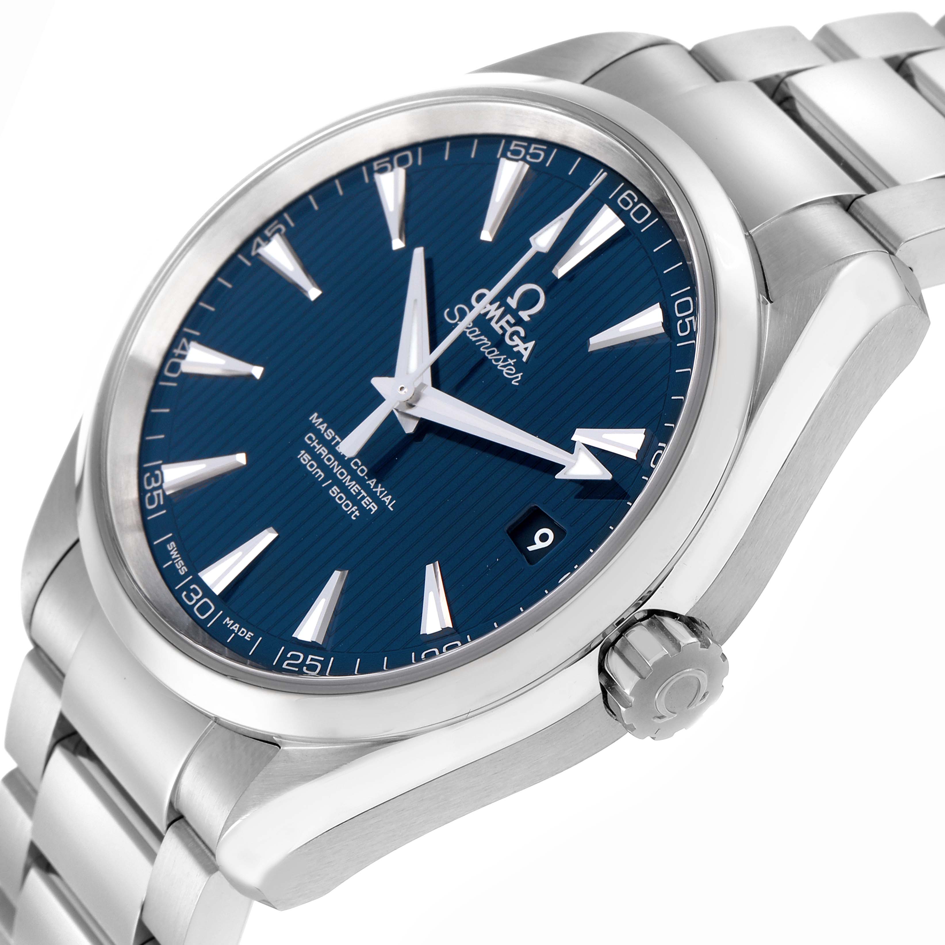 The Omega Aqua Terra 231.10.42.21.03.003 Men
s Stainless Steel Blue Dial 231.10.42.21.03.003 Men
s Stainless Steel Blue Dial watch is shown at a slight angle highlighting the face, bezel, crown, and part of the bracelet.
