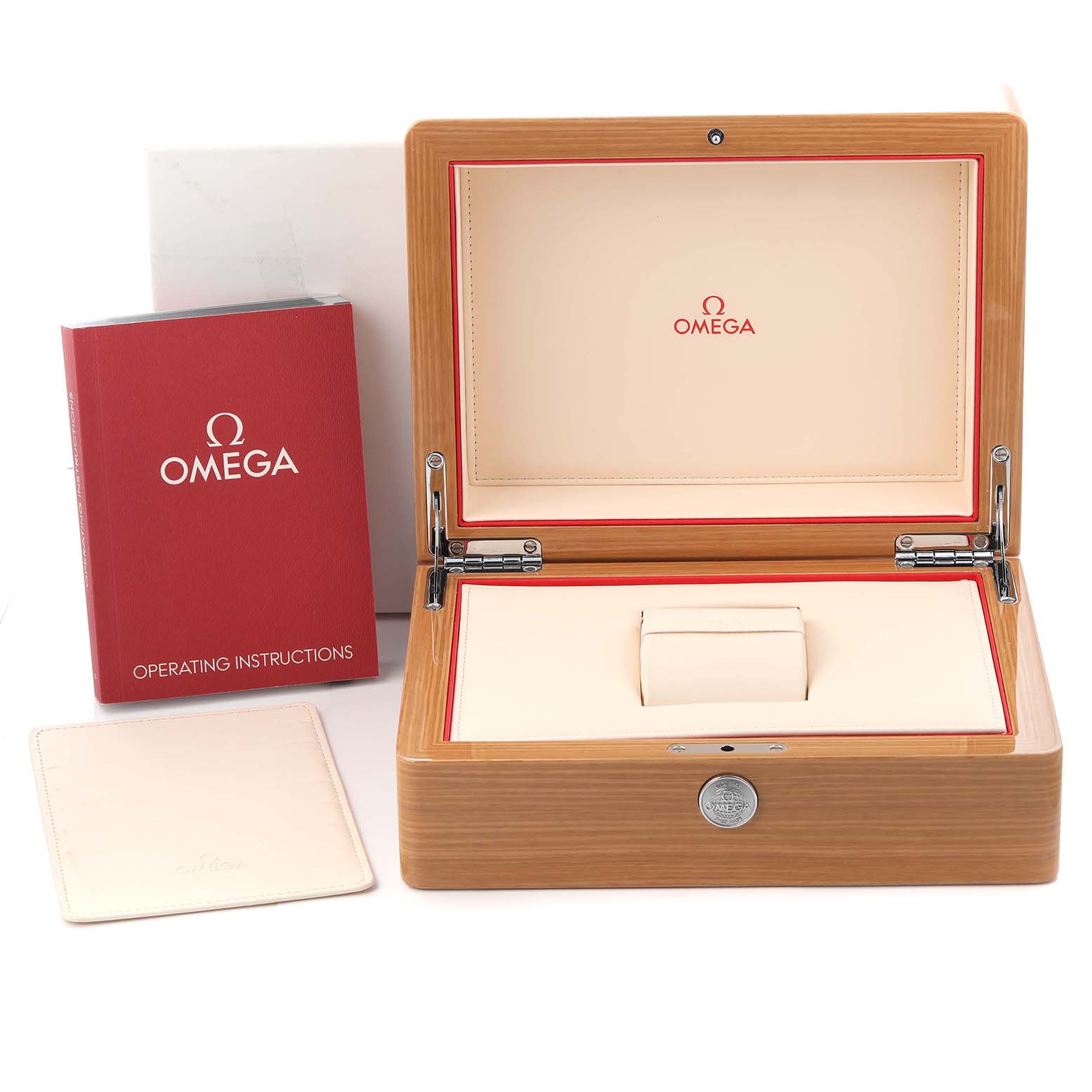 The image shows an Omega Aqua Terra 231.10.42.21.03.003 Men
s Stainless Steel Blue Dial 231.10.42.21.03.003 Men
s Stainless Steel Blue Dial watch box, instruction booklet, and additional documents at a front angle.