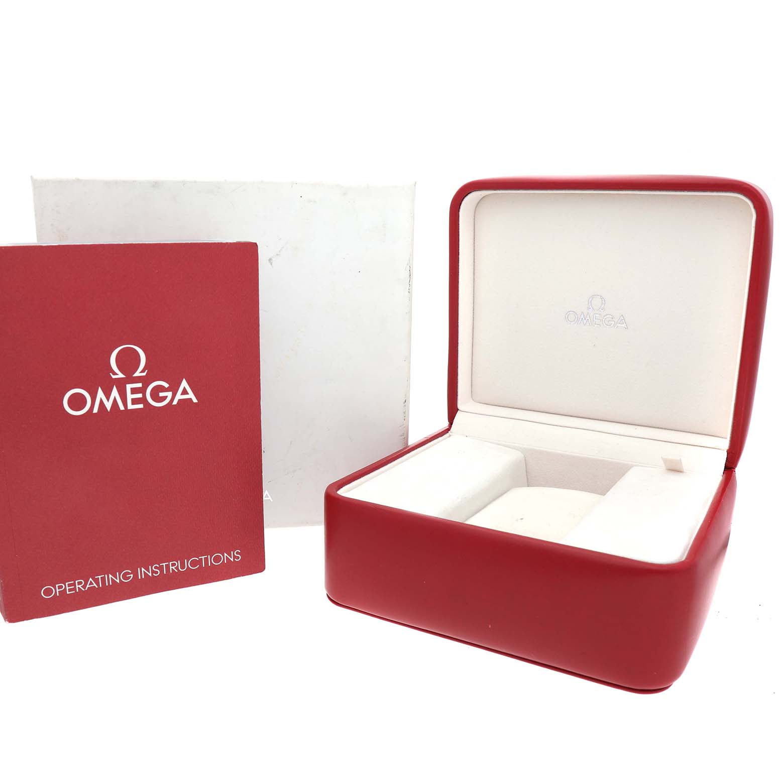 The image shows the Omega Aqua Terra 231.10.42.21.03.003 Men's Stainless Steel Blue Dial watch box and an operating instruction booklet, both angled slightly open.