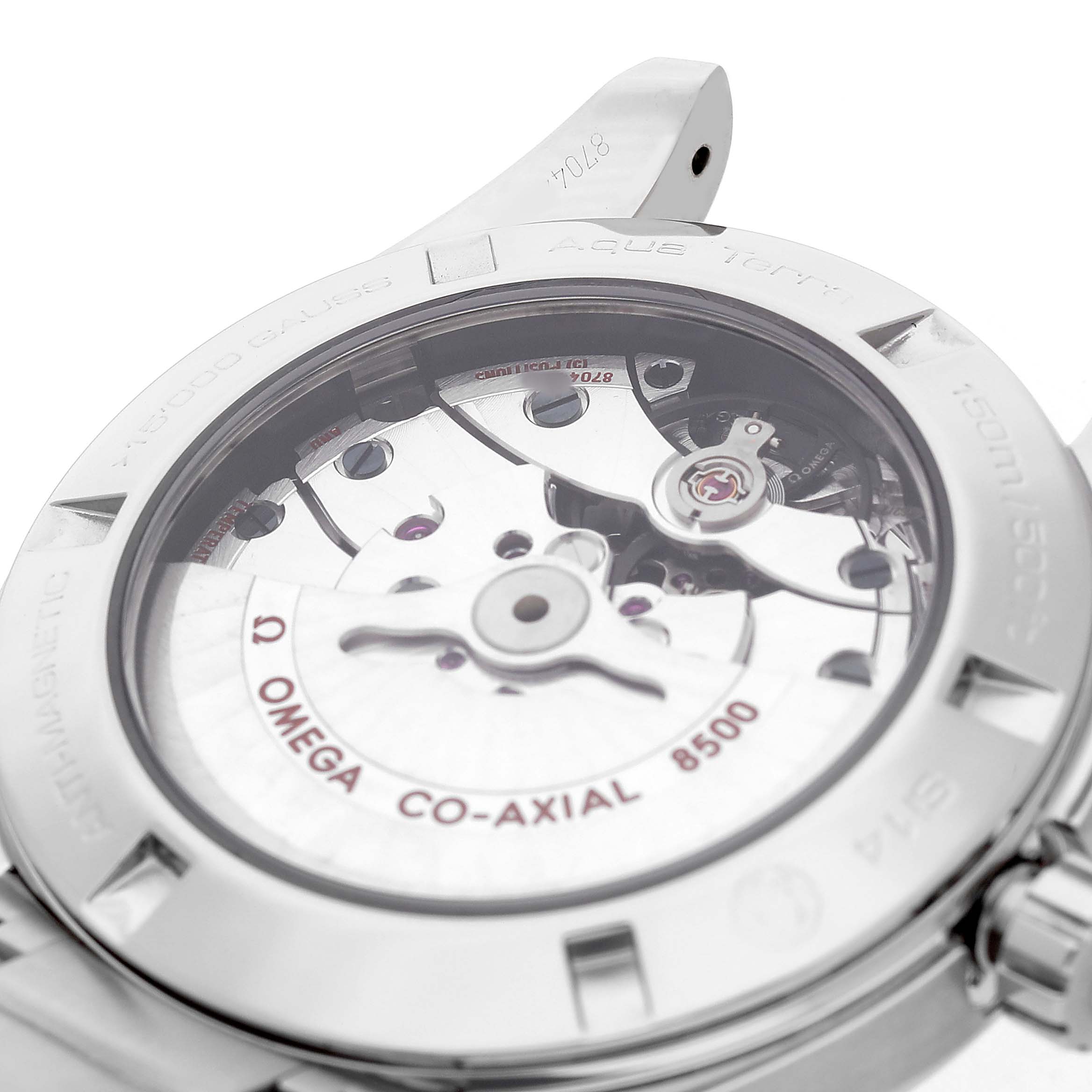 The image shows the back case of an Omega Aqua Terra 231.10.42.21.03.003 Men's Stainless Steel Blue Dial watch, highlighting the Co-Axial movement.