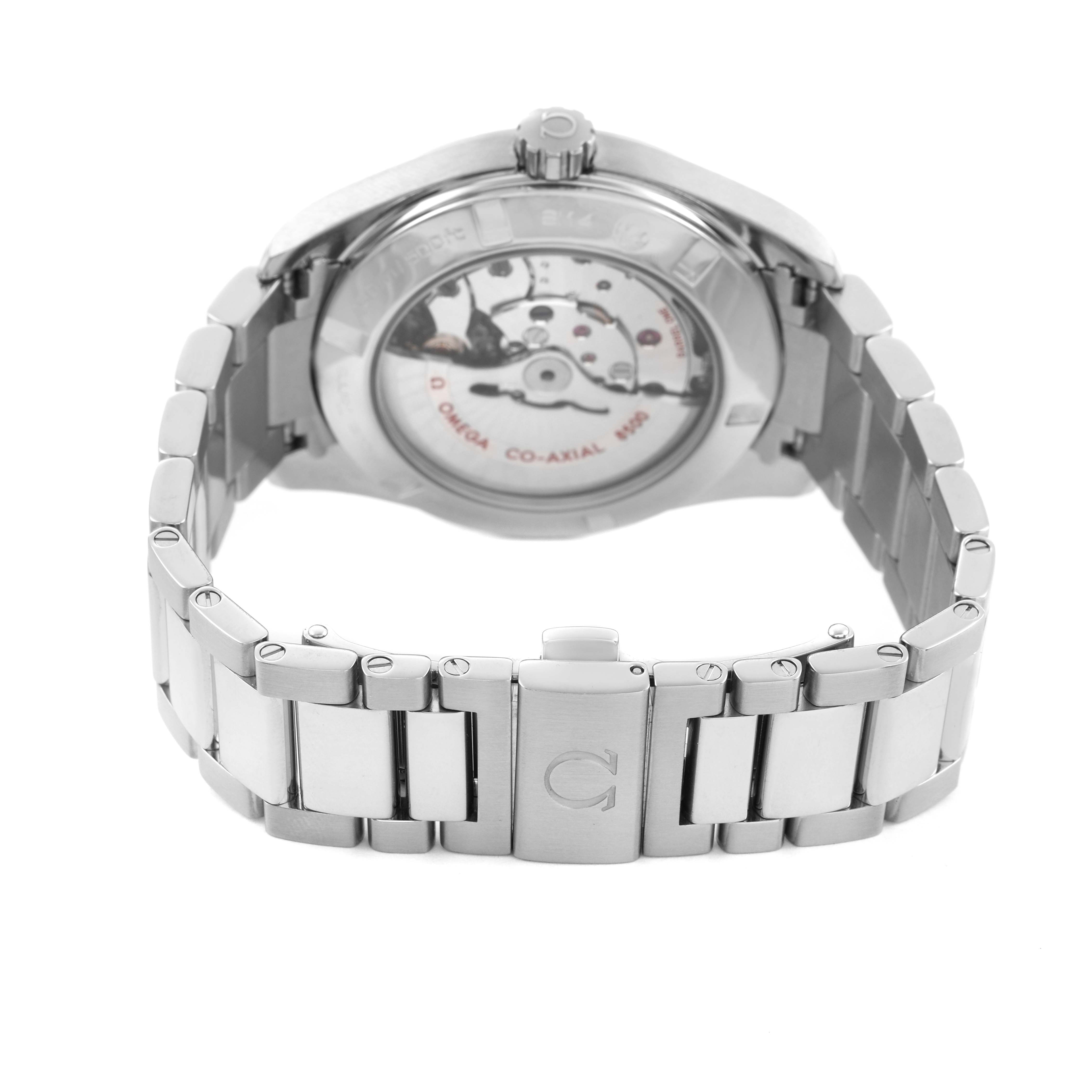 The Omega Aqua Terra 231.10.42.21.03.003 Men's Stainless Steel Blue Dial watch is shown from the back, featuring its visible automatic movement and stainless steel bracelet.