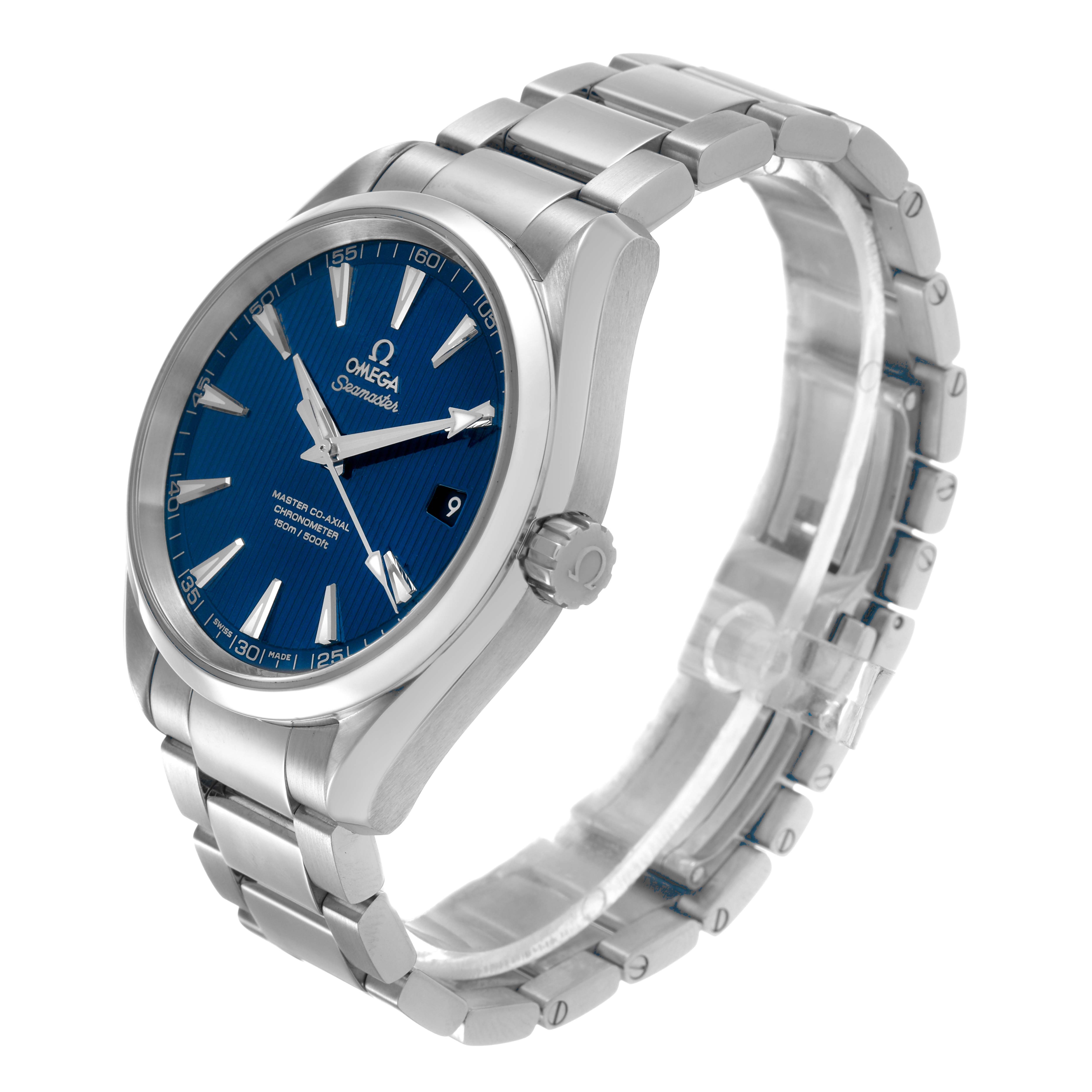 The Omega Aqua Terra 231.10.42.21.03.003 Men's Stainless Steel Blue Dial watch is shown at a three-quarter angle, highlighting its blue dial, silver case, and metal bracelet.