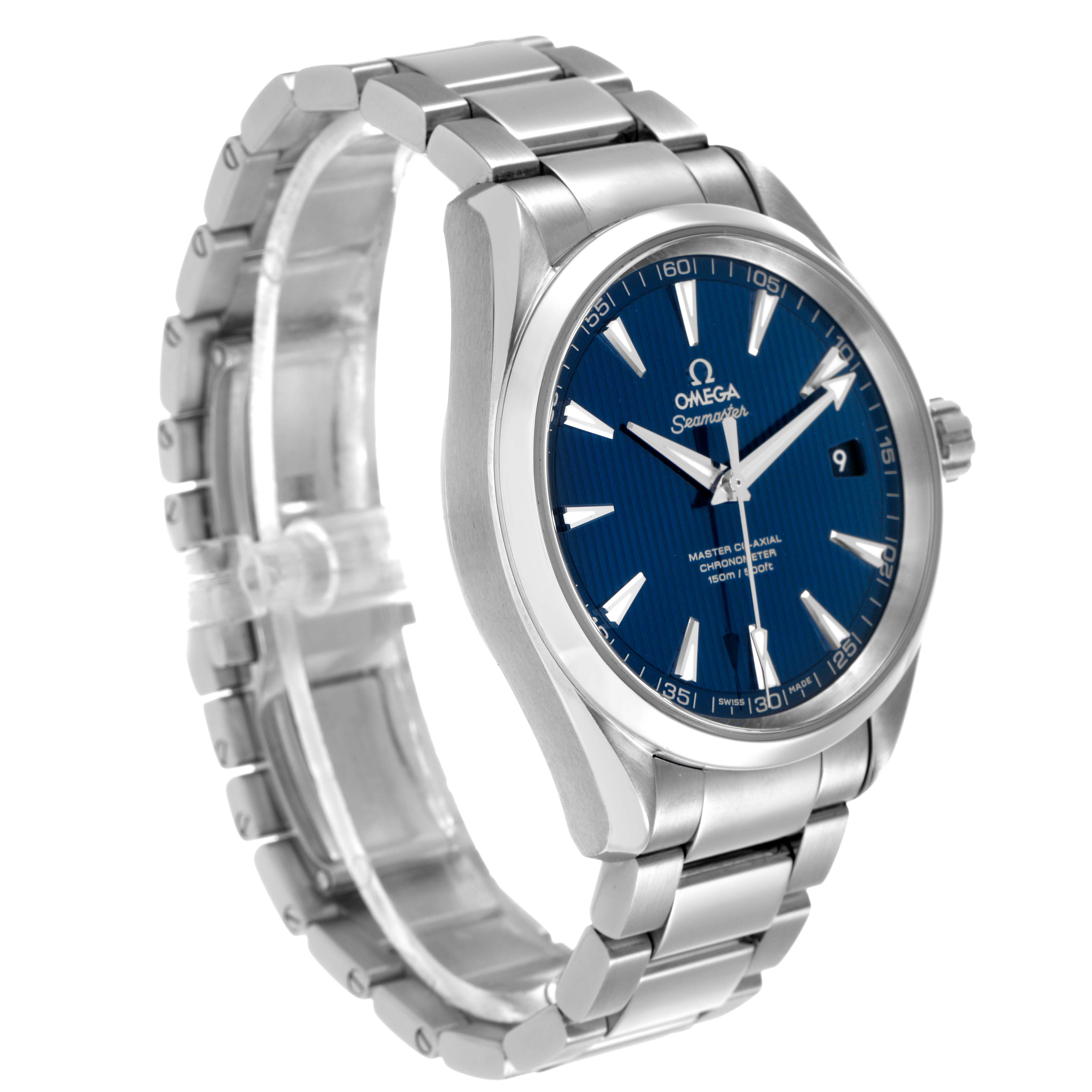 The Omega Aqua Terra 231.10.42.21.03.003 Men's Stainless Steel Blue Dial watch is shown at an angled front view, displaying the face, bracelet, and side of the case.