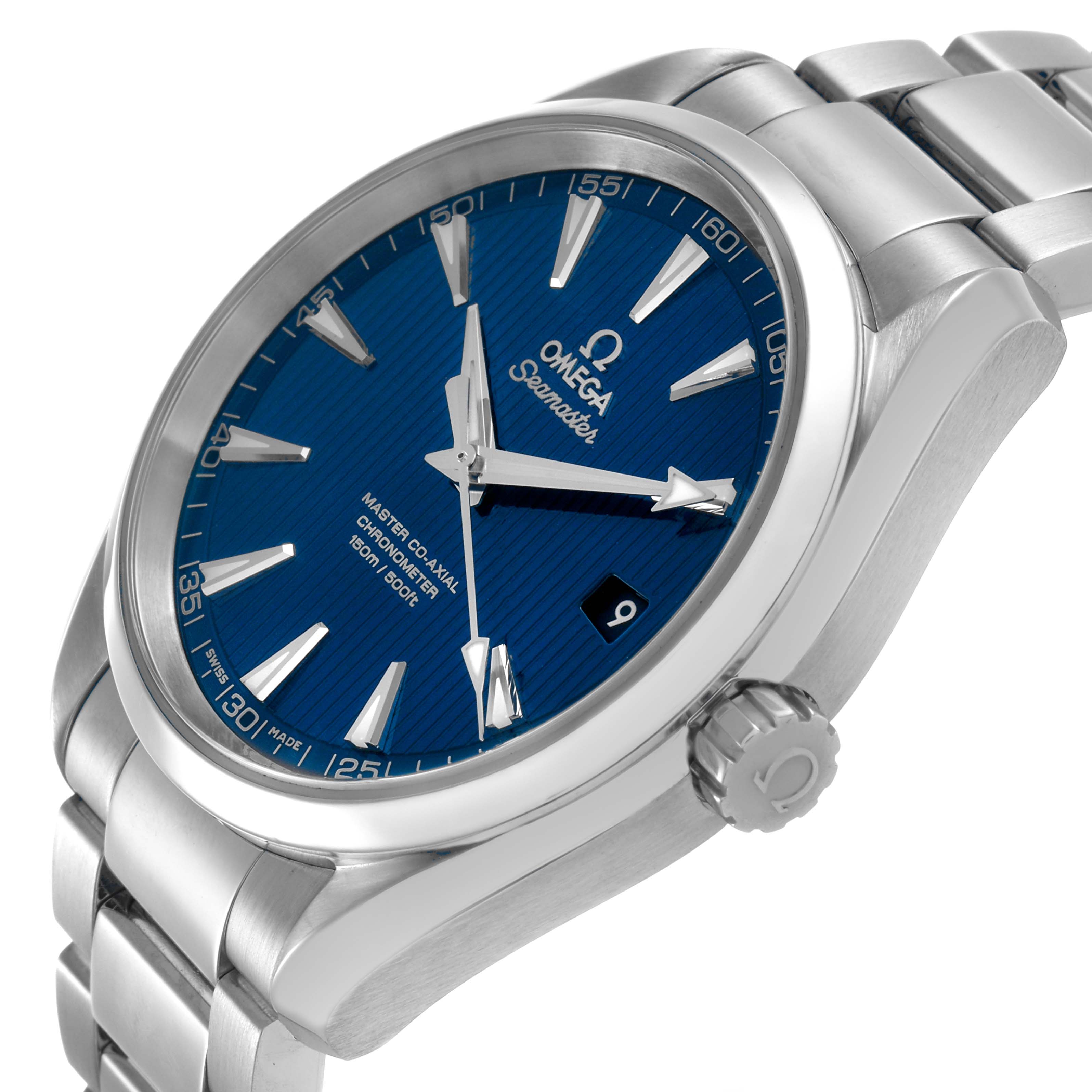 The Omega Aqua Terra 231.10.42.21.03.003 Men's Stainless Steel Blue Dial watch is shown from a side angle, highlighting its blue dial, bracelet, and crown.