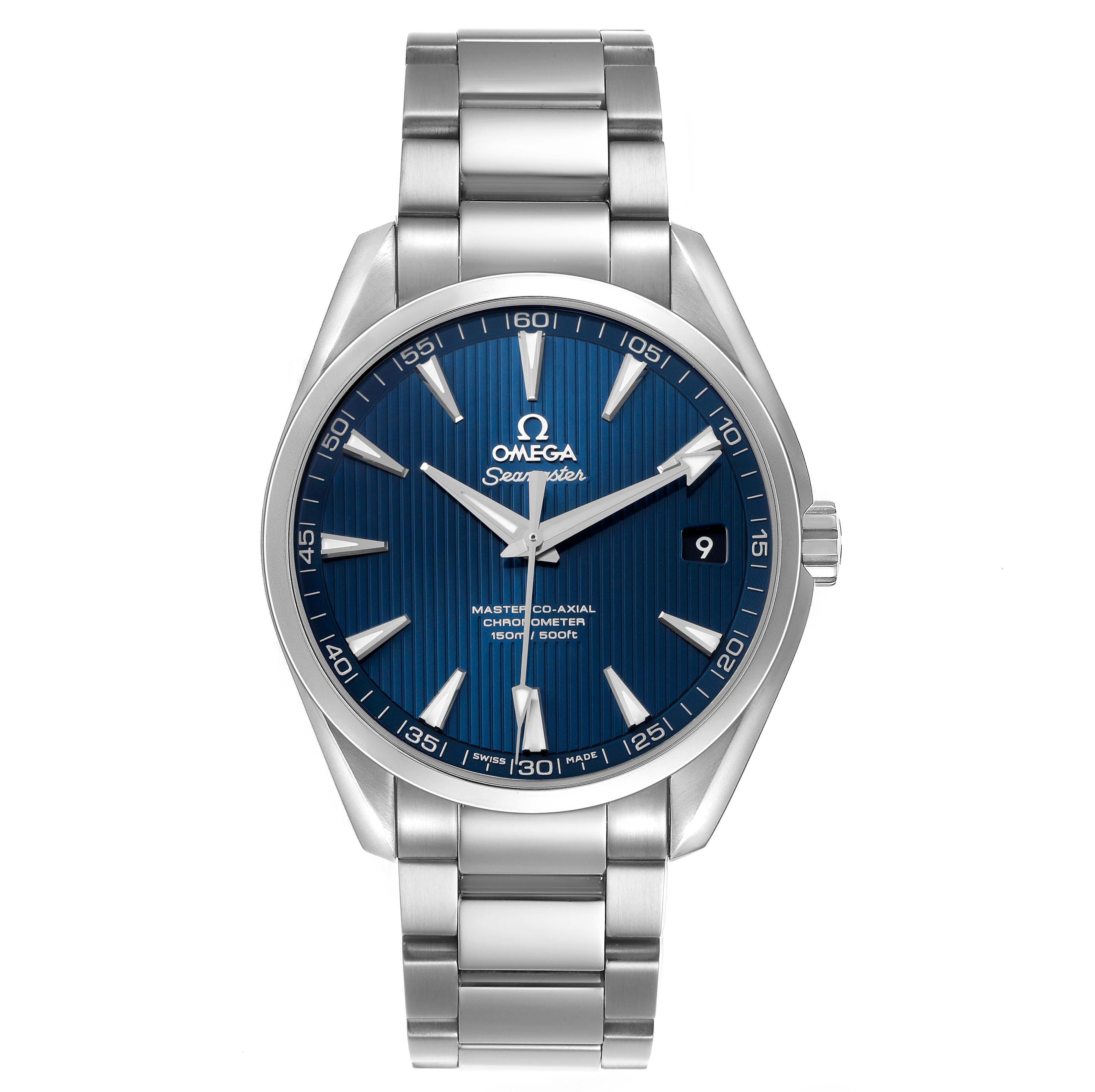 The image shows a front view of the Omega Aqua Terra 231.10.42.21.03.003 Men's Stainless Steel Blue Dial watch, highlighting its blue dial, stainless steel bracelet, and date feature.