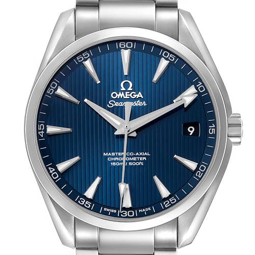 The image shows a front view of the Omega Aqua Terra 231.10.42.21.03.003 Men's Stainless Steel Blue Dial watch, highlighting its blue dial and stainless steel bracelet.