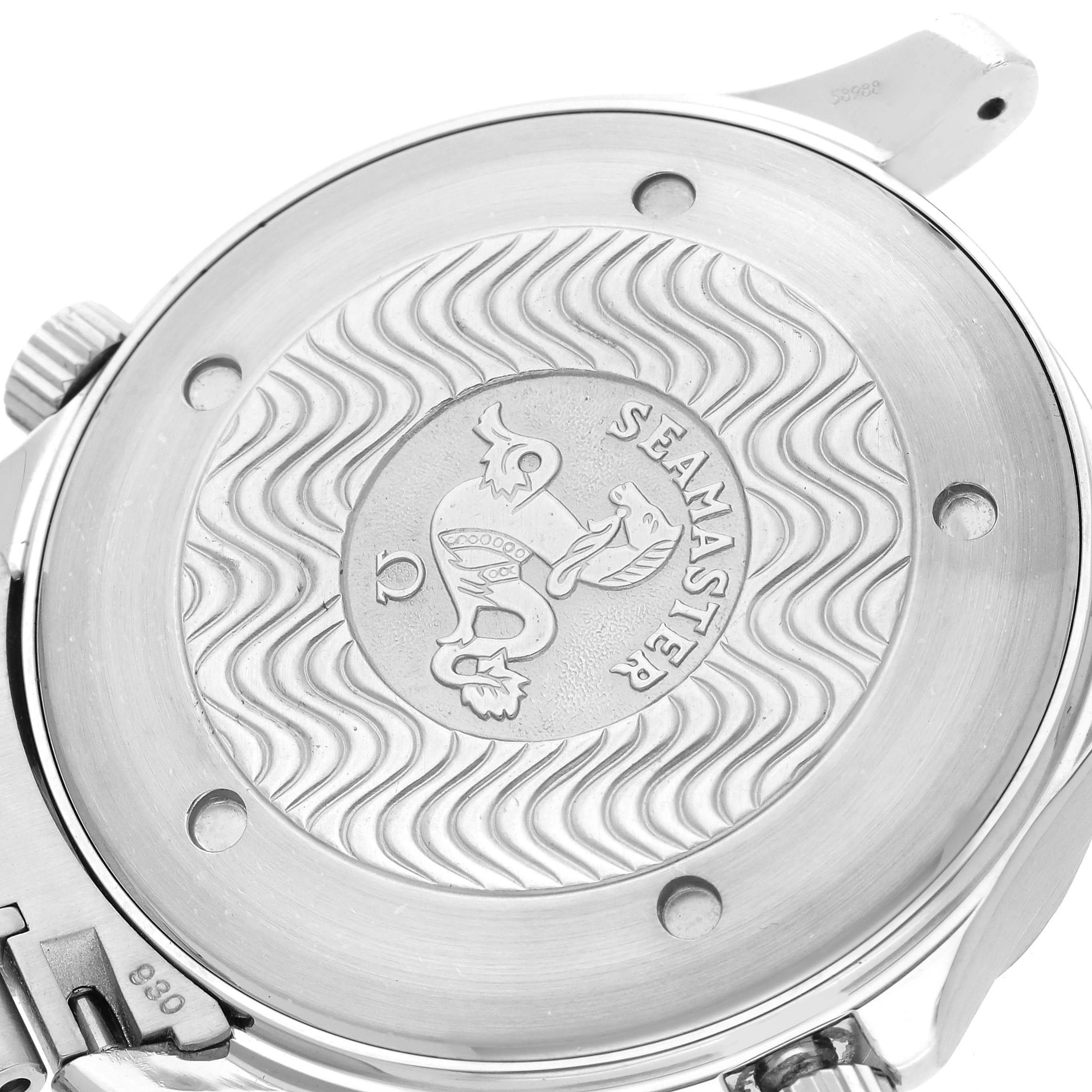 The image shows the case back of an Omega Seamaster 2264.50.00 Men
s Stainless Steel Black Dial 2264.50.00 Men
s Stainless Steel Black Dial watch, featuring a wavy pattern and the Seamaster emblem.