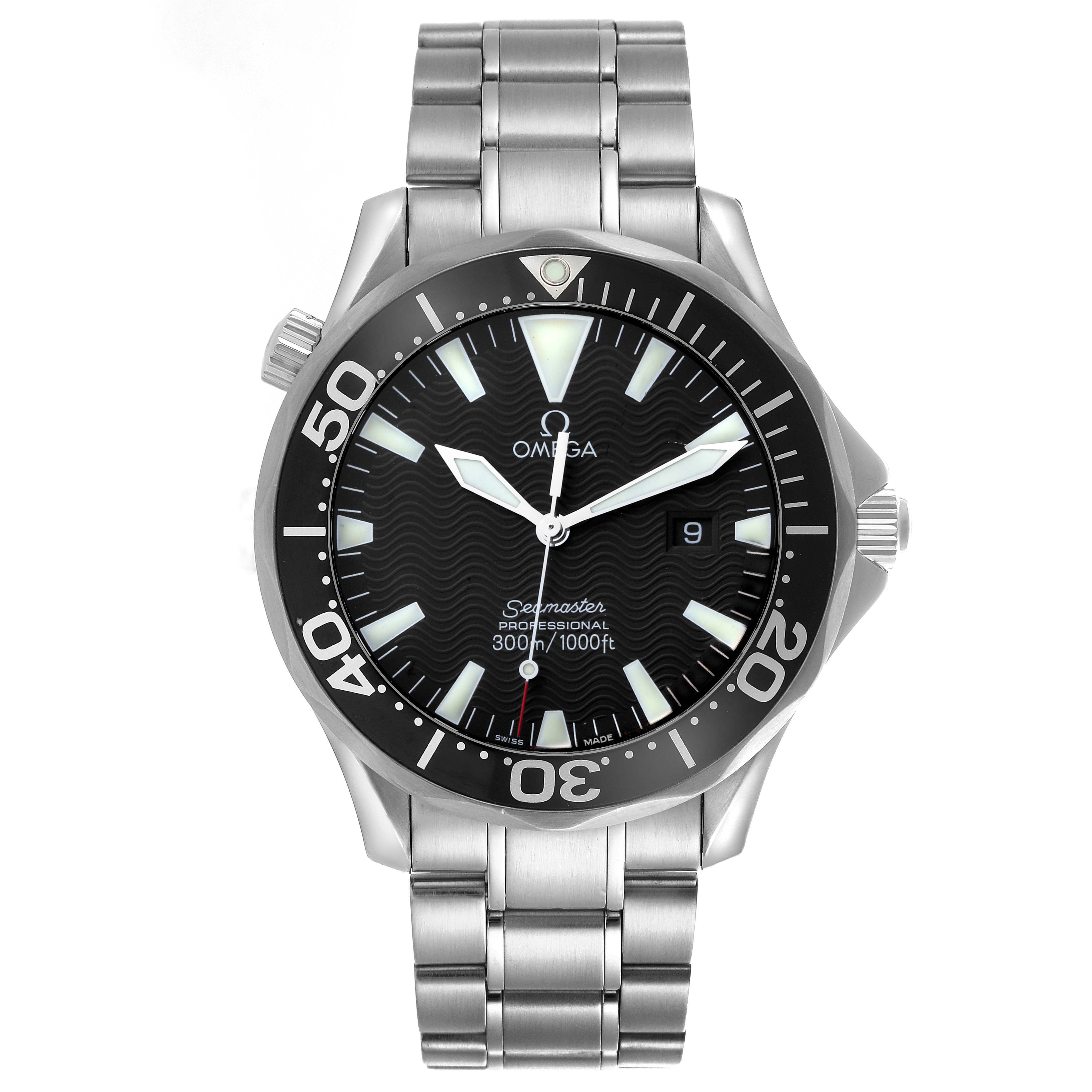 The Omega Seamaster 2264.50.00 Men
s Stainless Steel Black Dial 2264.50.00 Men
s Stainless Steel Black Dial watch is shown from the front, displaying the dial, bezel, case, crown, and bracelet.