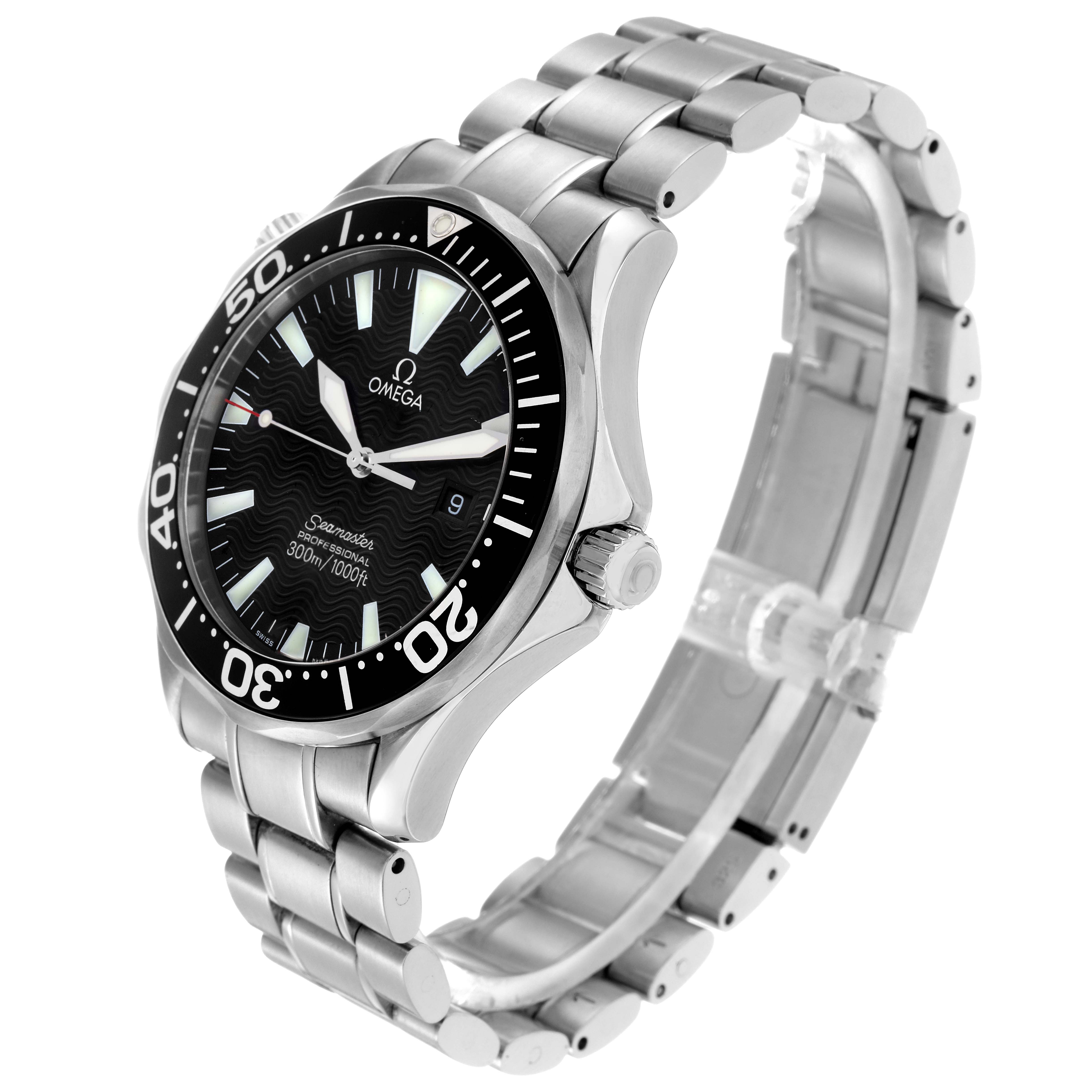 The Omega Seamaster 2264.50.00 Men
s Stainless Steel Black Dial 2264.50.00 Men
s Stainless Steel Black Dial watch is shown at an angled view, highlighting the face, bezel, crown, and metal bracelet.