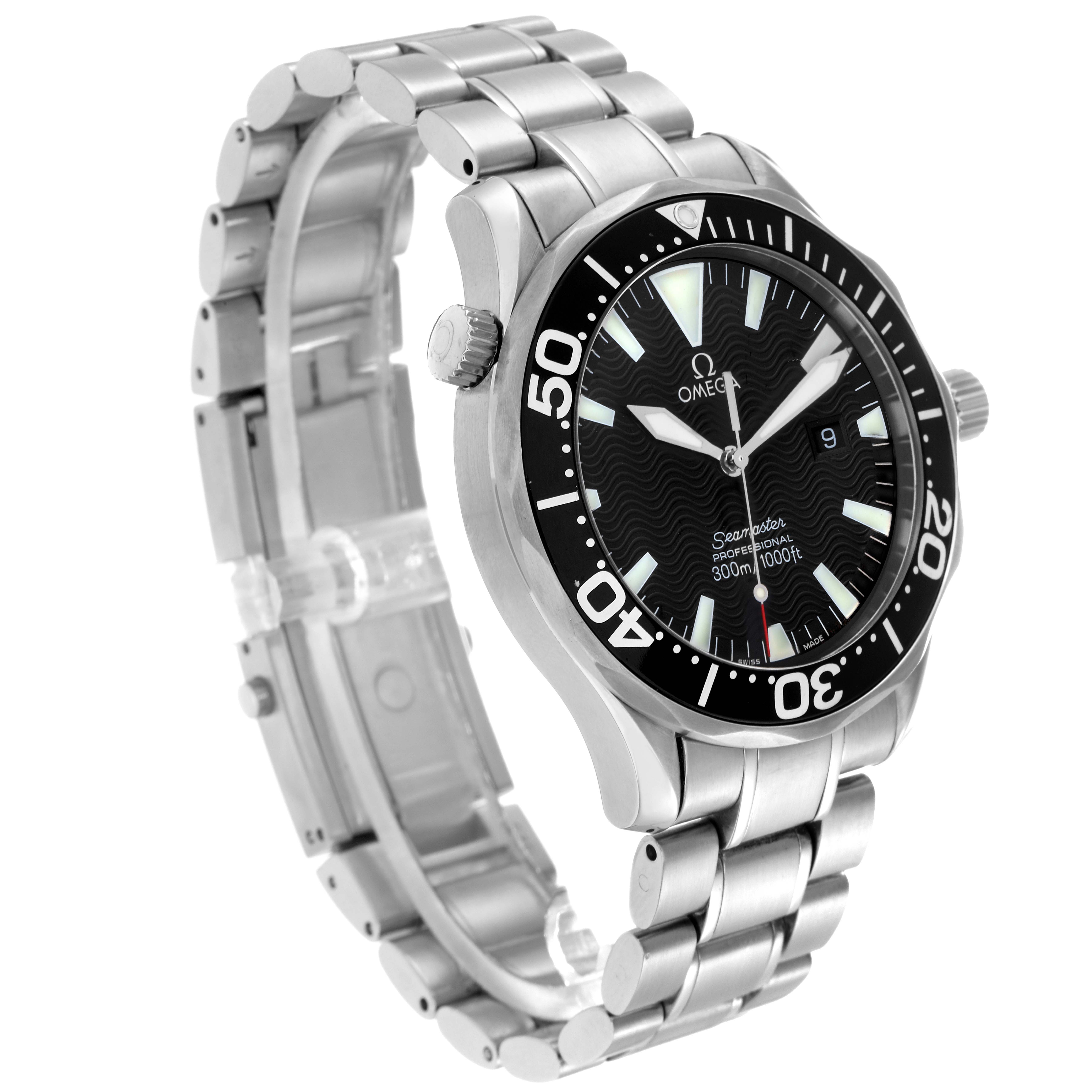 The Omega Seamaster 2264.50.00 Men
s Stainless Steel Black Dial 2264.50.00 Men
s Stainless Steel Black Dial watch is shown from a three-quarter view, highlighting the dial, bezel, bracelet, and crown.