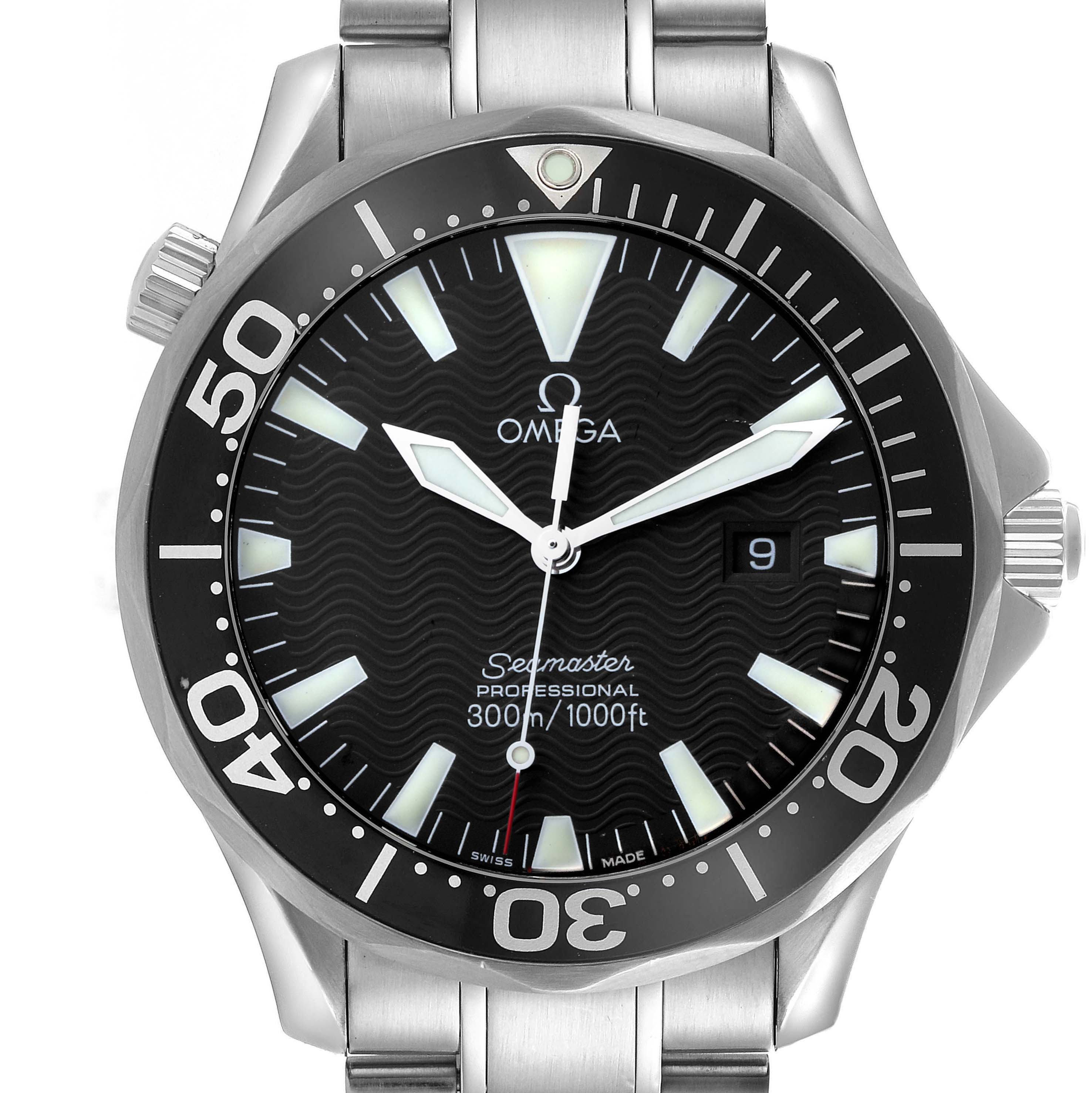 The Omega Seamaster 2264.50.00 Men
s Stainless Steel Black Dial 2264.50.00 Men
s Stainless Steel Black Dial is shown from a front angle, displaying the bezel, dial, hands, markers, and crown.