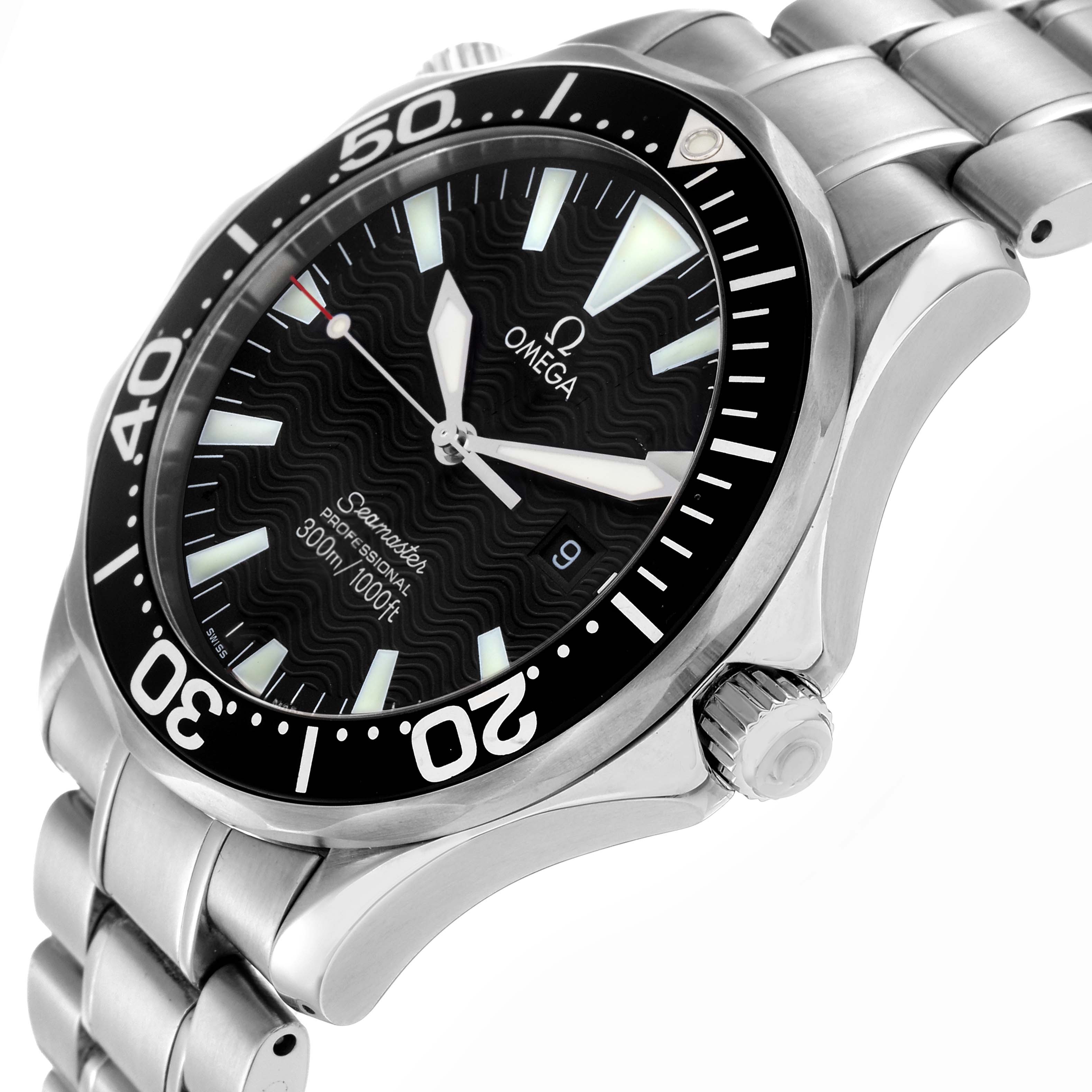 The Omega Seamaster 2264.50.00 Men
s Stainless Steel Black Dial 2264.50.00 Men
s Stainless Steel Black Dial watch is shown at a side angle displaying the dial, bezel, crown, and part of the bracelet.