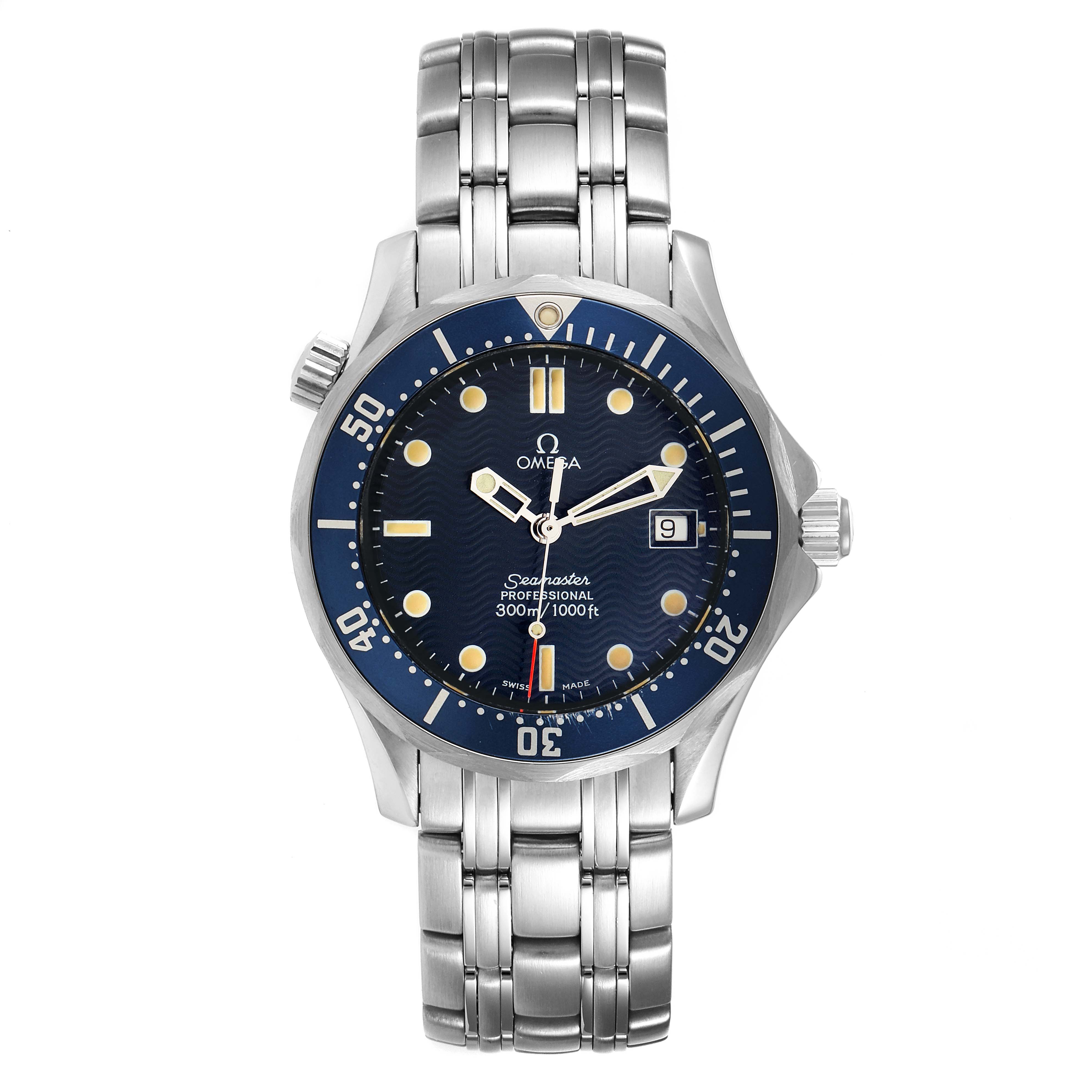 The image shows a front view of the Omega Seamaster 2561.80.00 Men's Stainless Steel Blue Dial 2561.80.00 Men's Stainless Steel Blue Dial watch, displaying its face, bezel, and metal bracelet.
