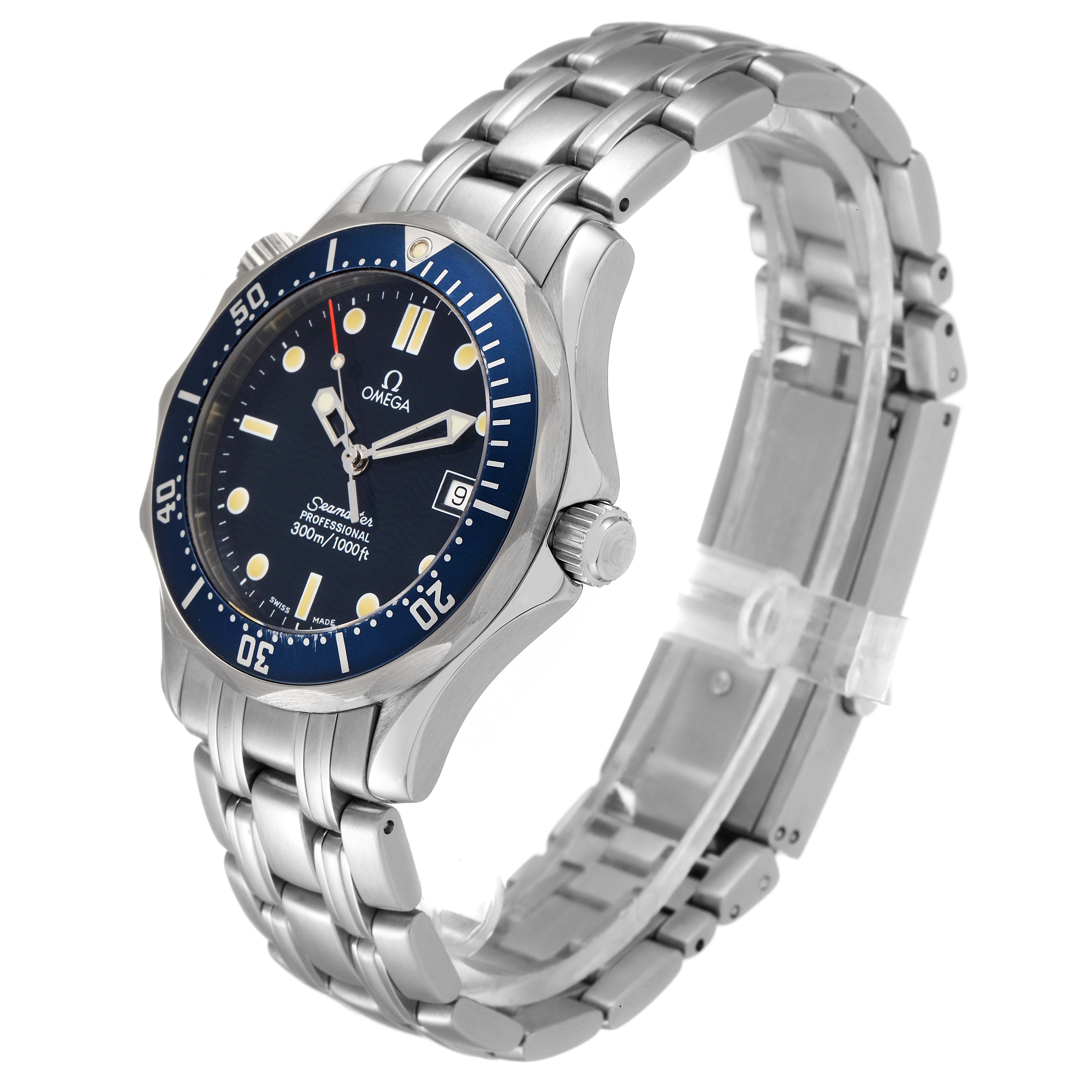 The Omega Seamaster 2561.80.00 Men's Stainless Steel Blue Dial 2561.80.00 Men's Stainless Steel Blue Dial watch is shown from an angled side view, highlighting its face, bezel, and metal bracelet.