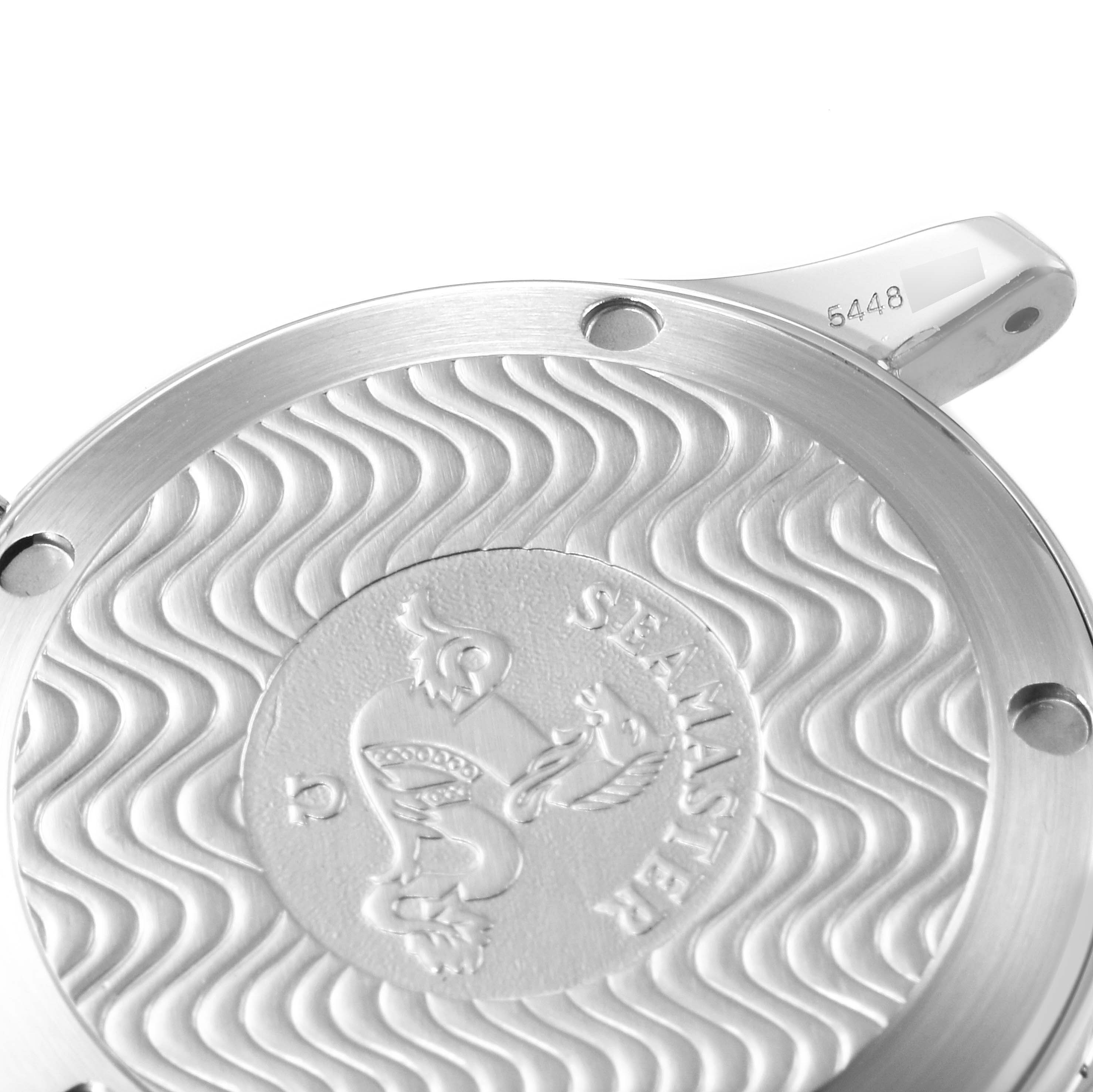 This image shows a close-up of the case back of an Omega Seamaster 2561.80.00 Men's Stainless Steel Blue Dial 2561.80.00 Men's Stainless Steel Blue Dial watch.