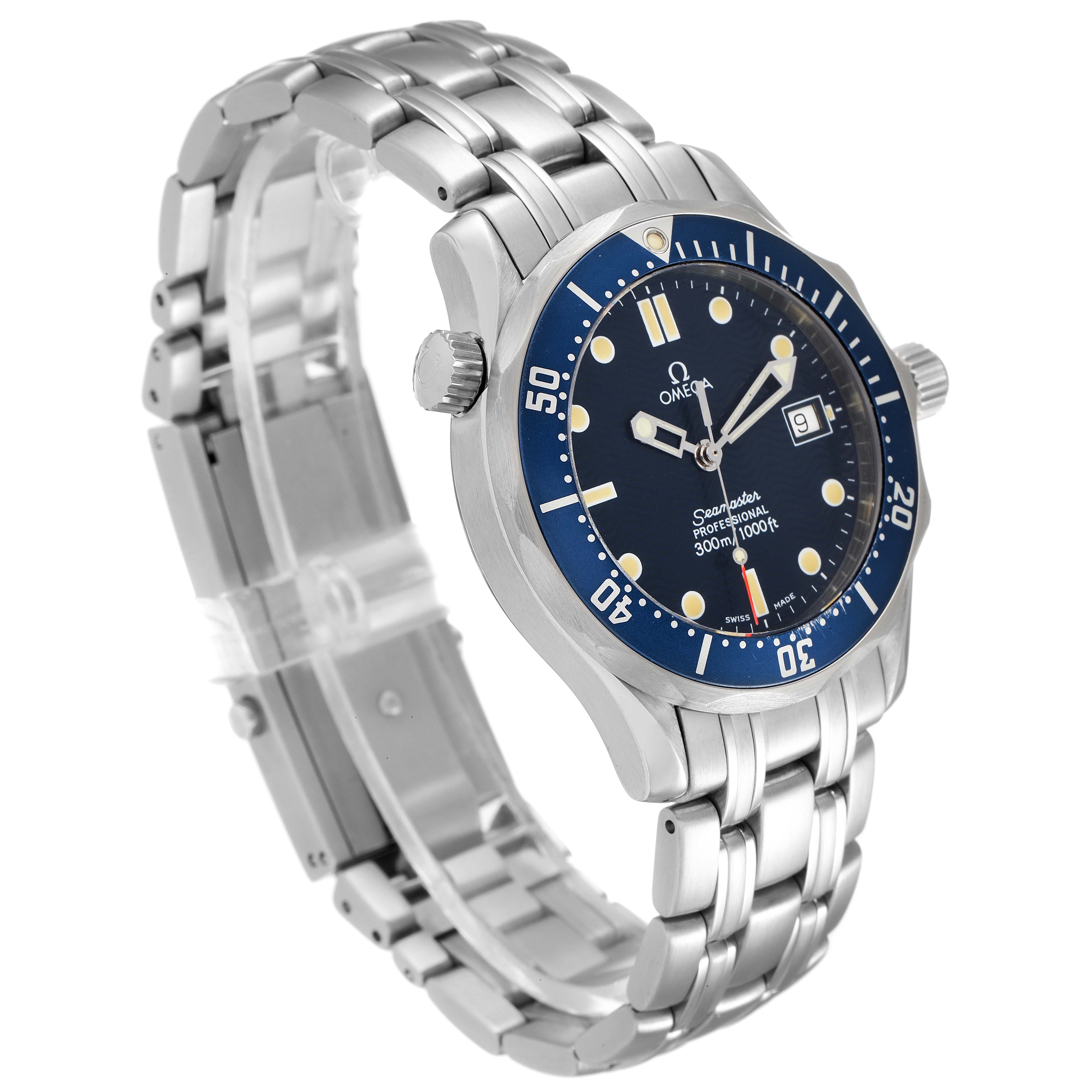 The image shows a front angled view of an Omega Seamaster 2561.80.00 Men's Stainless Steel Blue Dial 2561.80.00 Men's Stainless Steel Blue Dial watch, highlighting its stainless steel bracelet and bezel.
