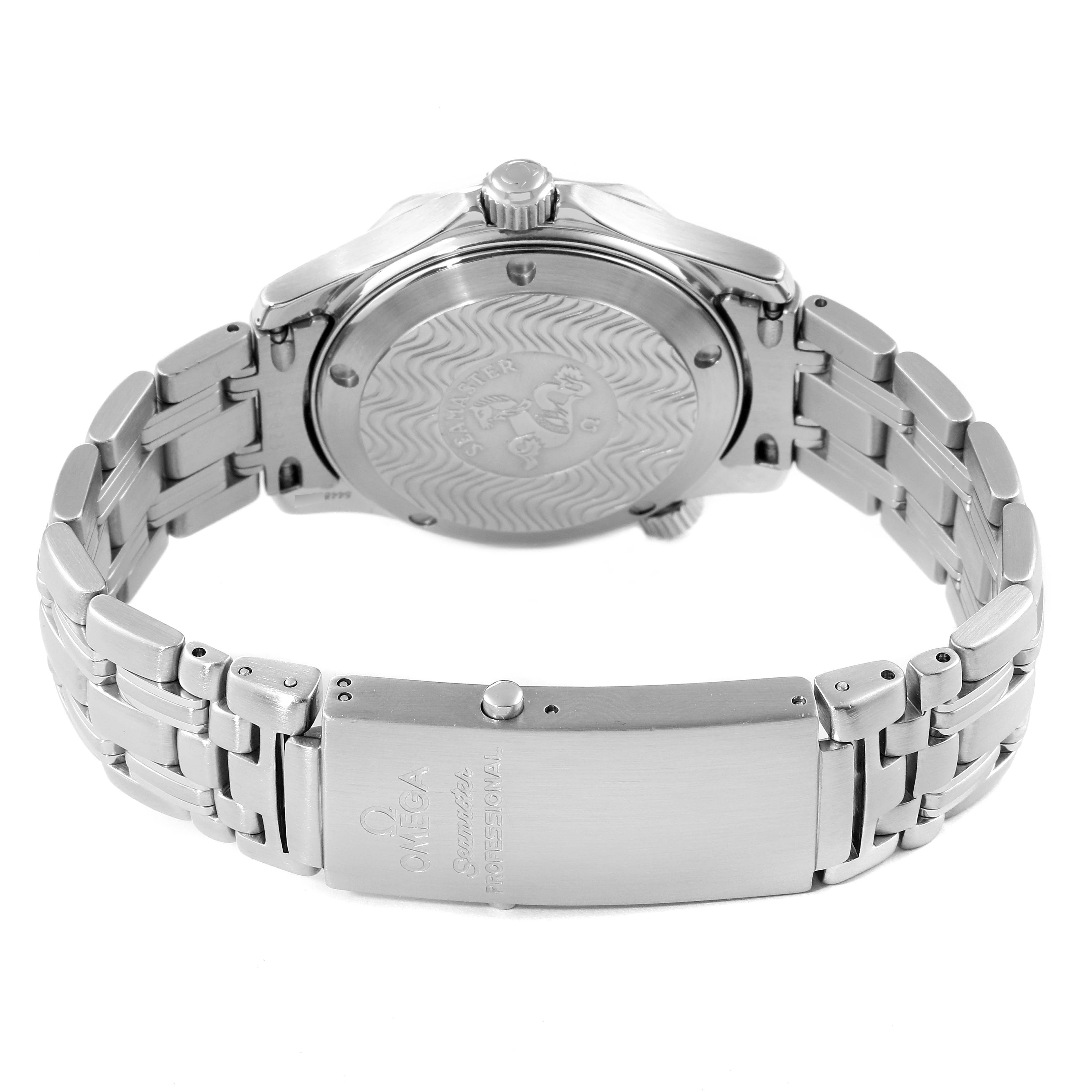 This image shows the back and clasp of an Omega Seamaster 2561.80.00 Men's Stainless Steel Blue Dial 2561.80.00 Men's Stainless Steel Blue Dial watch, highlighting its stainless steel bracelet and engraved case back.
