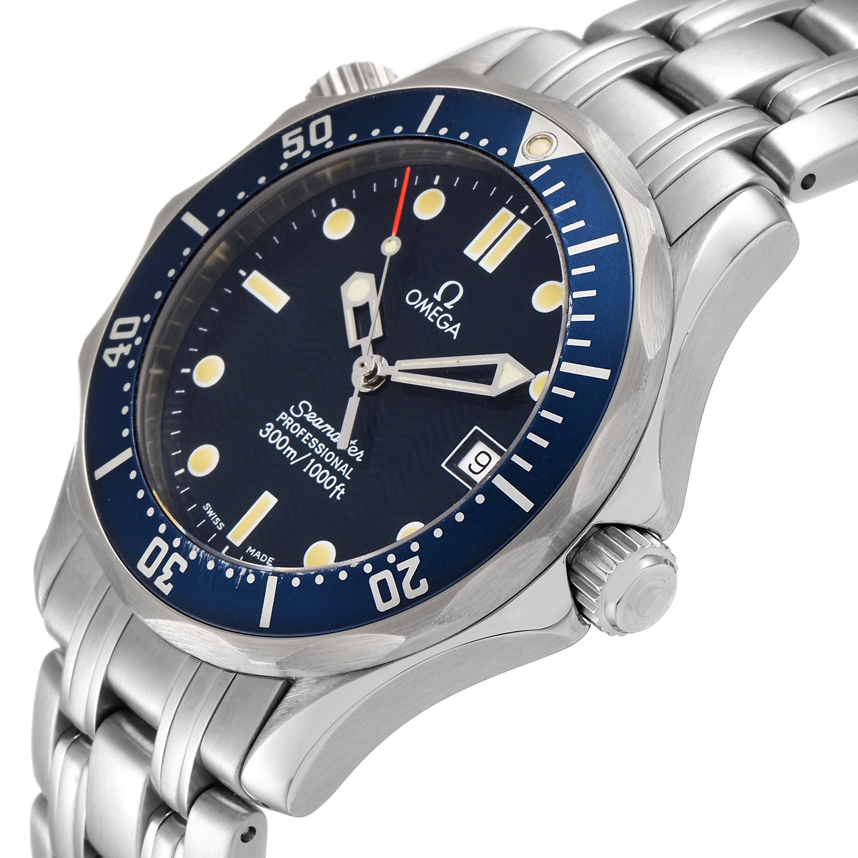 This image shows a close-up side angle of the Omega Seamaster 2561.80.00 Men's Stainless Steel Blue Dial 2561.80.00 Men's Stainless Steel Blue Dial Professional watch, highlighting the bezel, dial, and bracelet.