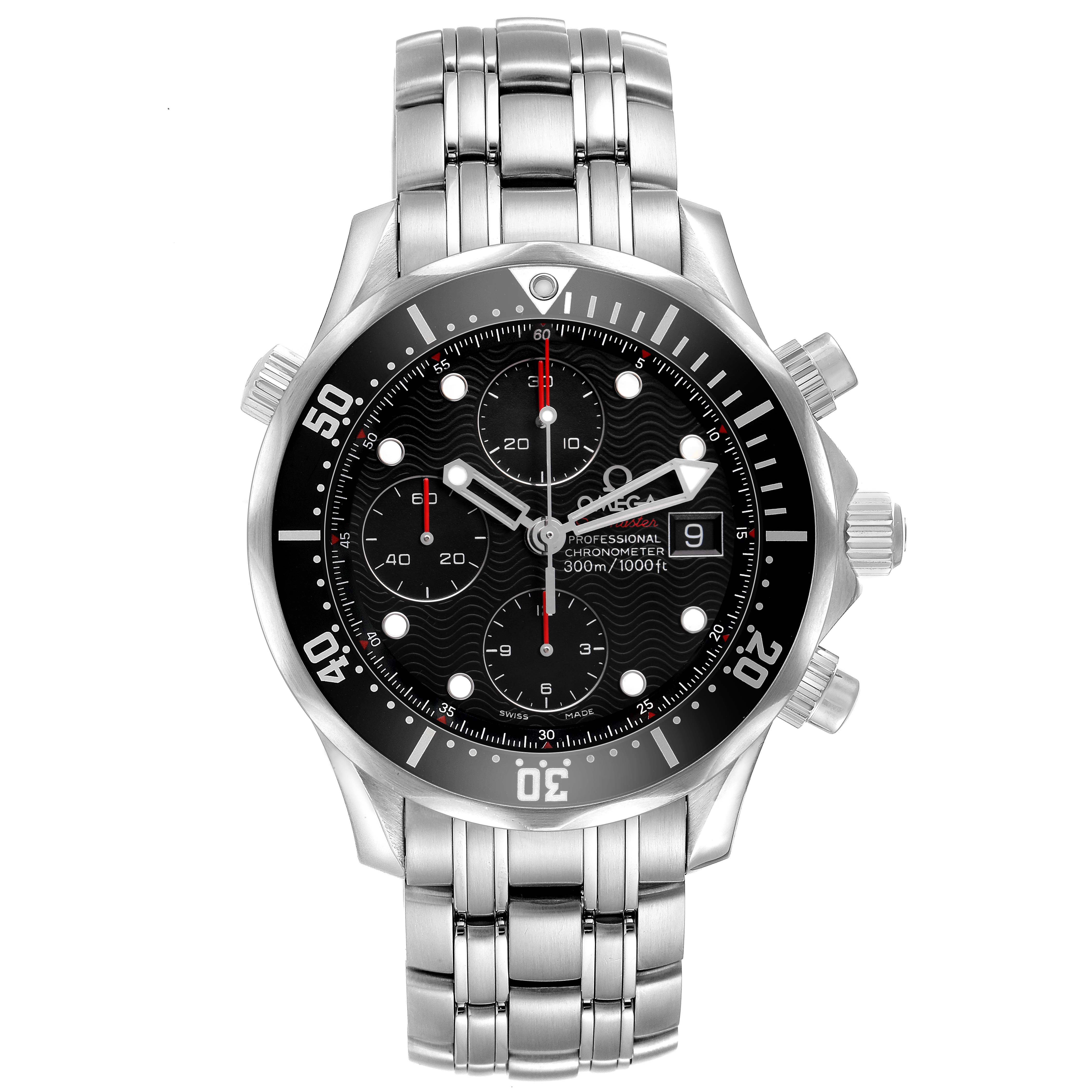 The Omega Seamaster 213.30.42.40.01.001 Men's Stainless Steel Black Dial watch is shown from a top-down angle, featuring its dial, bezel, chronograph subdials, and stainless steel bracelet.