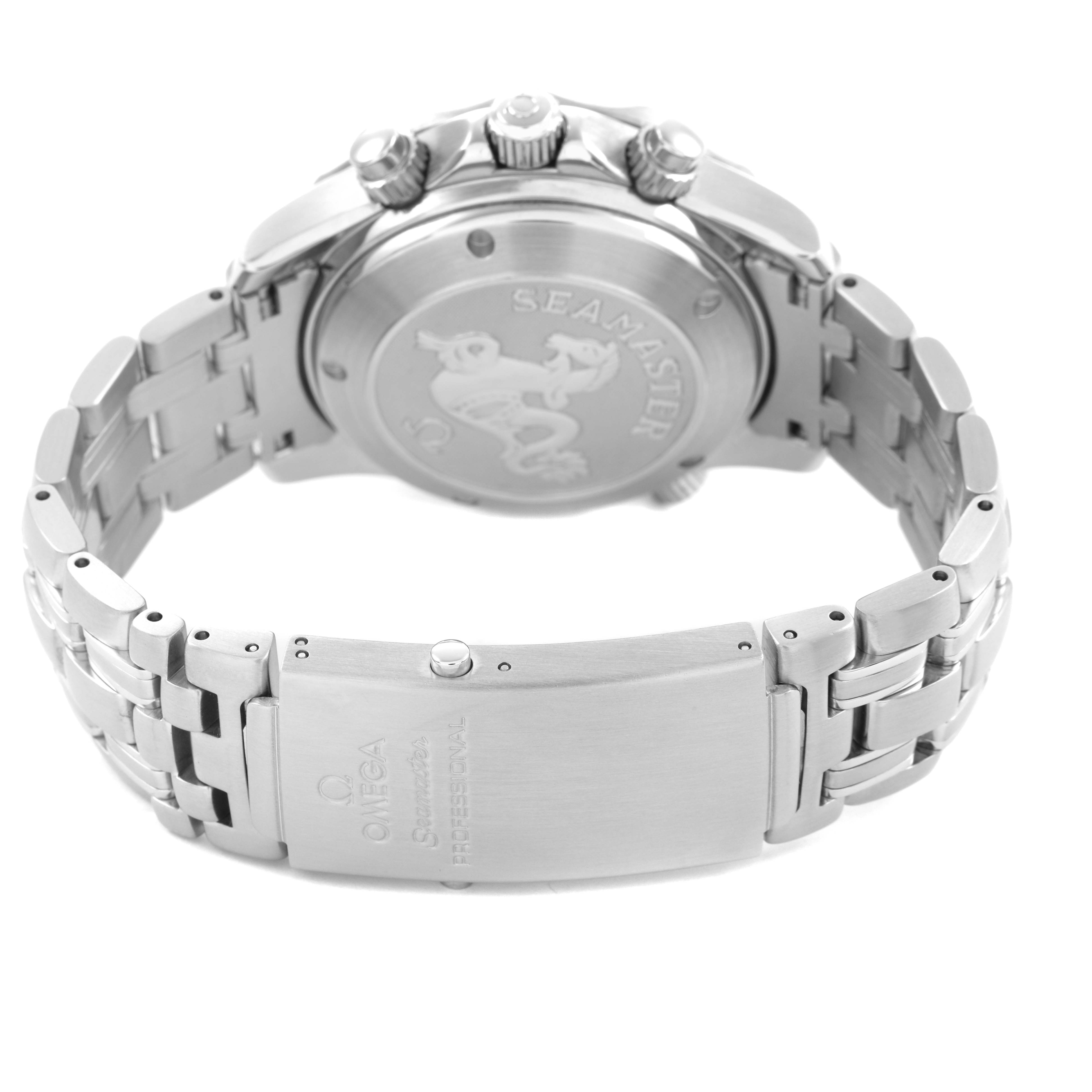 The image shows the back and clasp of the Omega Seamaster 213.30.42.40.01.001 Men's Stainless Steel Black Dial watch, highlighting the case back and bracelet details.