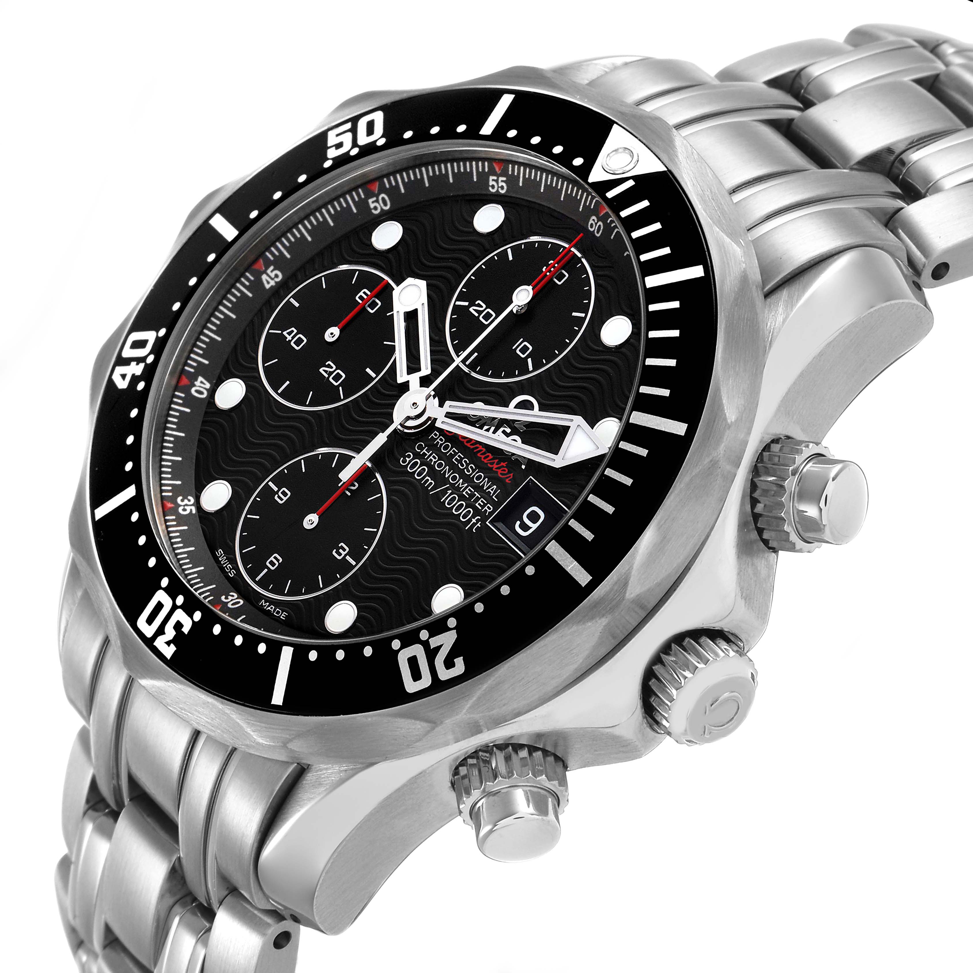 The Omega Seamaster 213.30.42.40.01.001 Men's Stainless Steel Black Dial watch is shown at a slight side angle, highlighting the face, bezel, crown, and part of the bracelet.