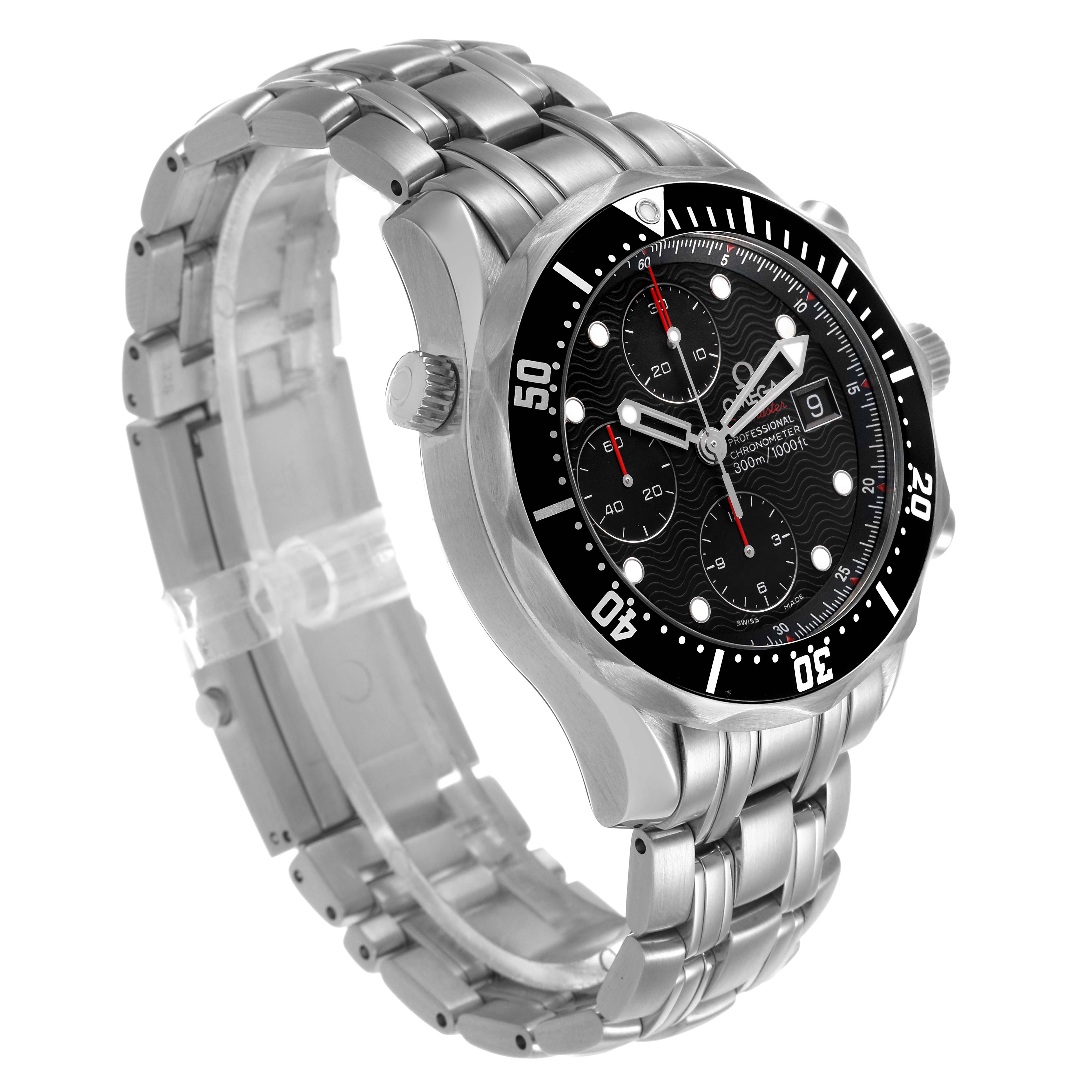The Omega Seamaster 213.30.42.40.01.001 Men's Stainless Steel Black Dial watch is shown at an angle displaying its face, bezel, and stainless steel bracelet.