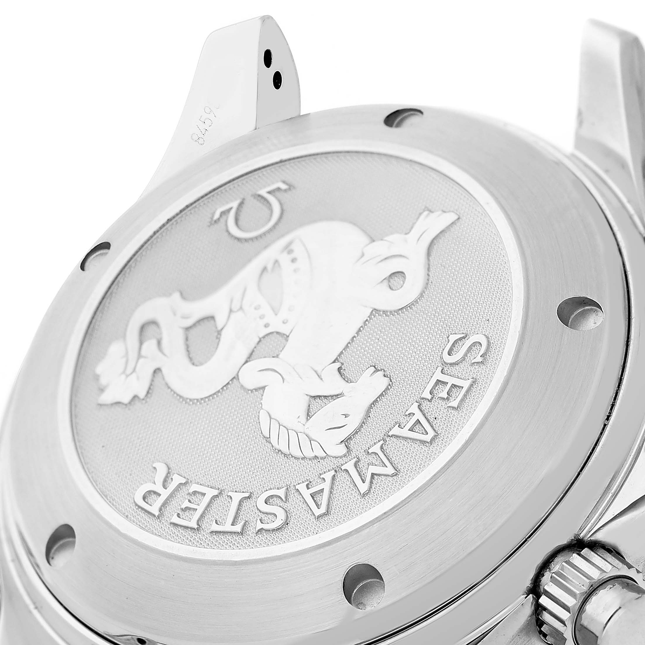 The image shows the case back of an Omega Seamaster 213.30.42.40.01.001 Men's Stainless Steel Black Dial with engraved details and a visible crown.