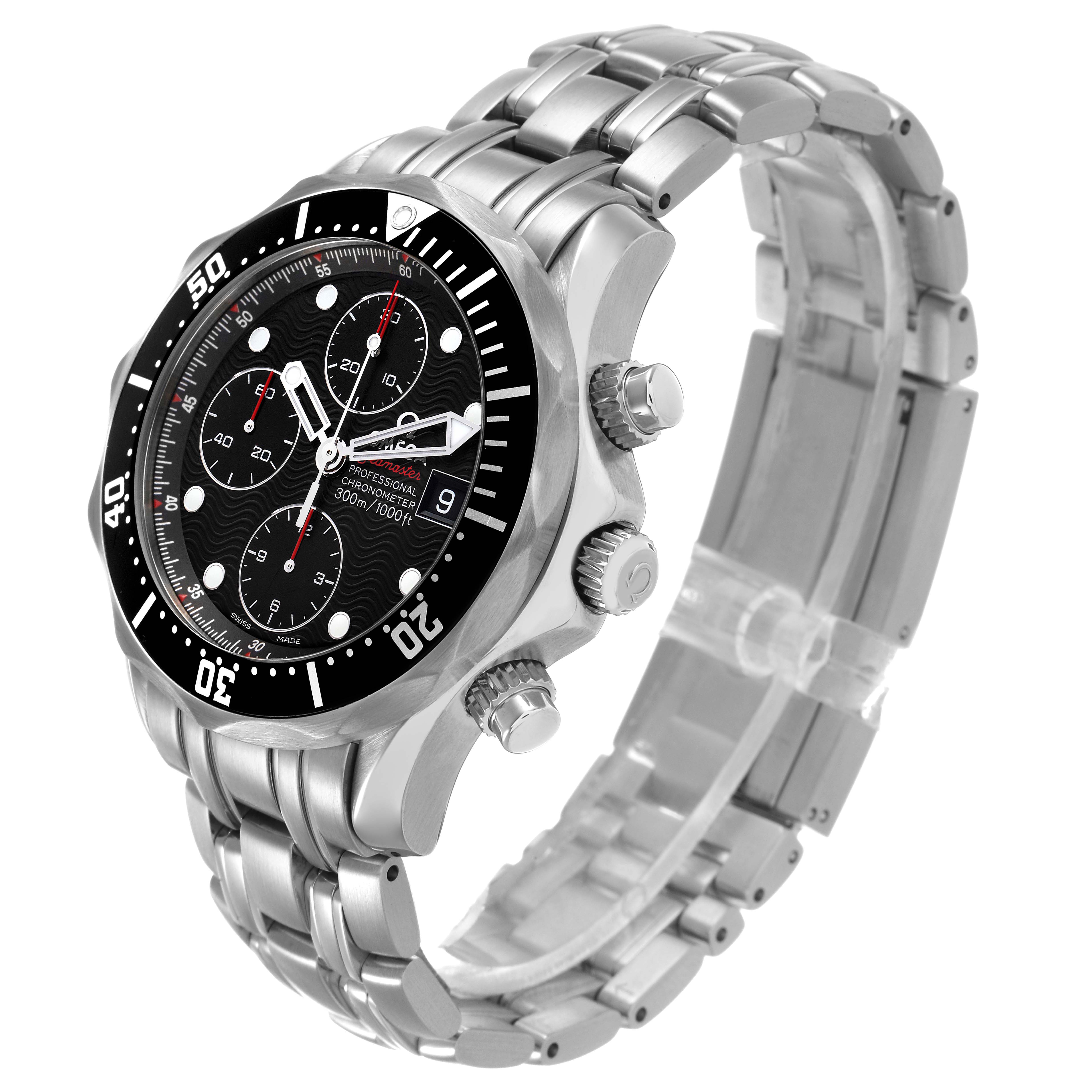 The Omega Seamaster 213.30.42.40.01.001 Men's Stainless Steel Black Dial watch is shown at a three-quarter angle, highlighting the face, bezel, crown, and bracelet.