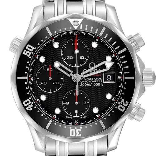The Omega Seamaster 213.30.42.40.01.001 Men's Stainless Steel Black Dial watch is shown from a front angle, highlighting the bezel, dial, subdials, and date window.
