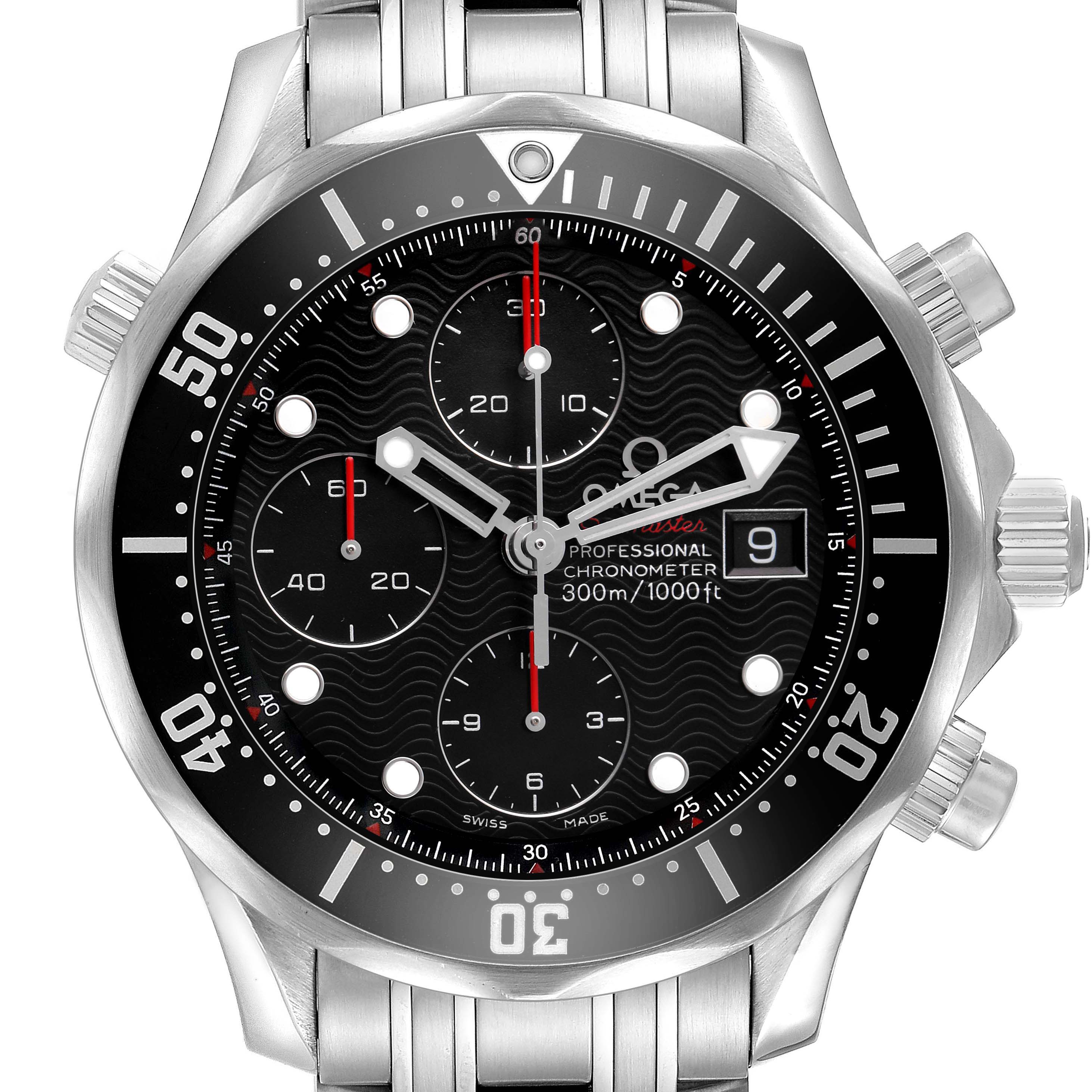 The Omega Seamaster 213.30.42.40.01.001 Men's Stainless Steel Black Dial is shown from a front angle, highlighting the dial, bezel, chronograph sub-dials, and bracelet.