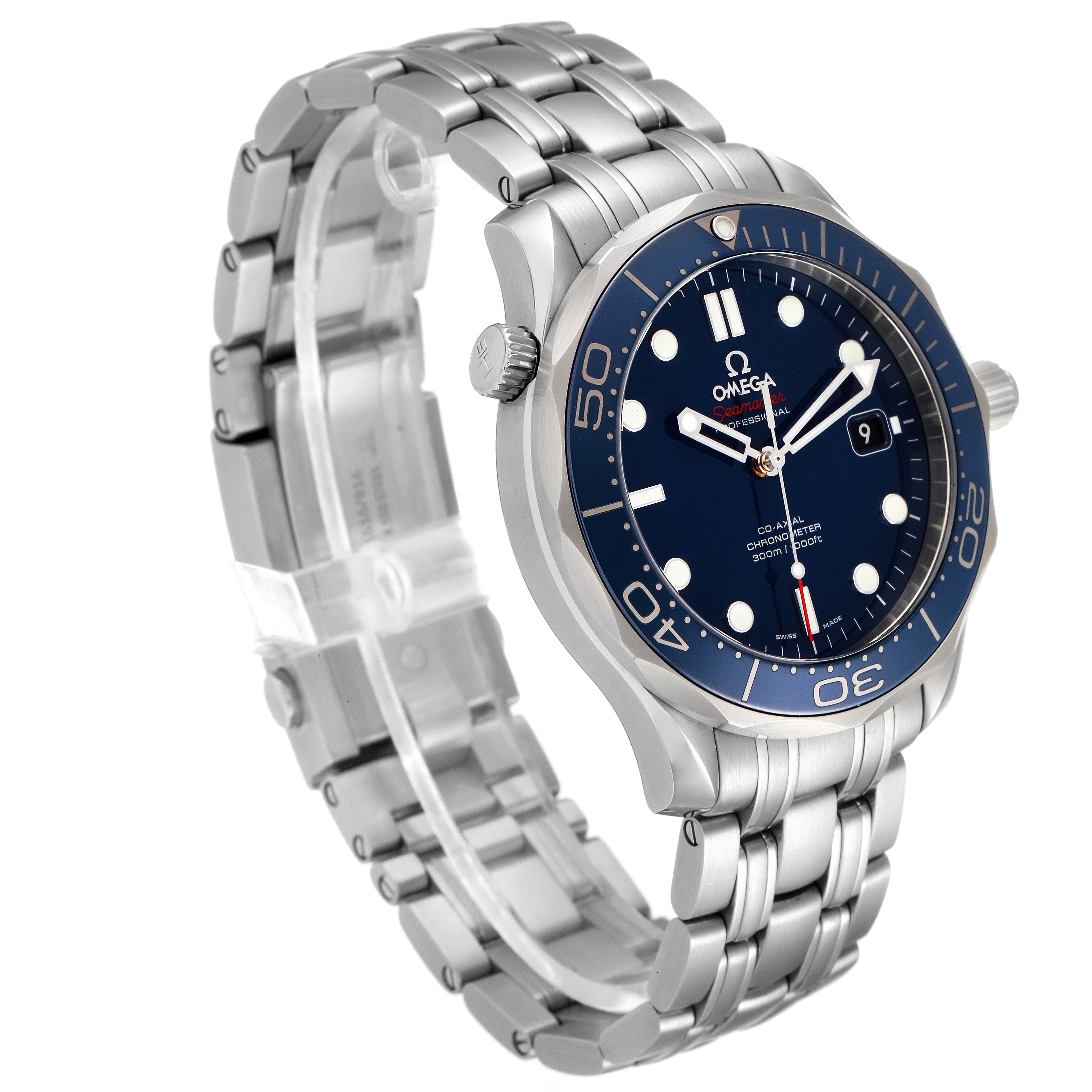 The image shows a side angle of an Omega Seamaster 212.30.41.20.03.001 Men's Stainless Steel Blue Dial 212.30.41.20.03.001 Men's Stainless Steel Blue Dial watch, highlighting its metal bracelet, bezel, and face.
