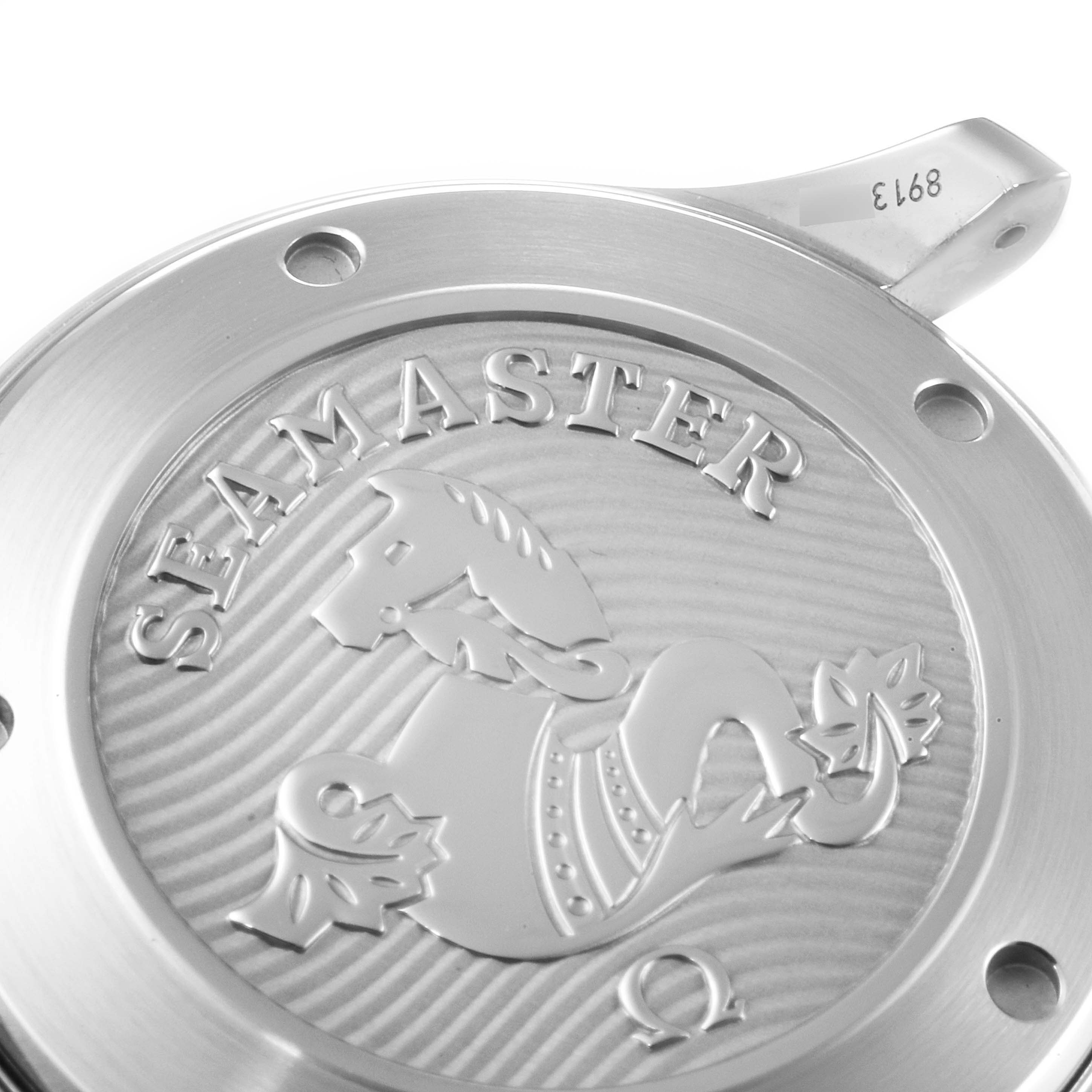 This image shows the case back of an Omega Seamaster 212.30.41.20.03.001 Men's Stainless Steel Blue Dial 212.30.41.20.03.001 Men's Stainless Steel Blue Dial watch, featuring the engraved logo and markings.