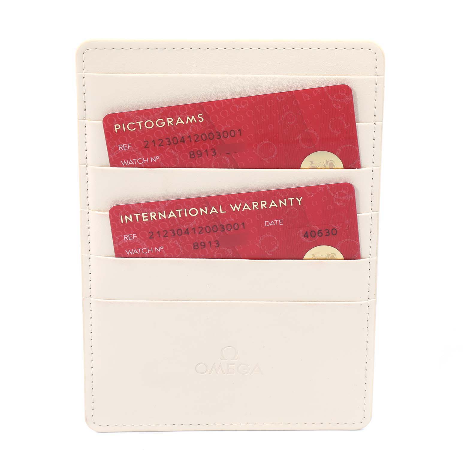 The image shows an Omega Seamaster 212.30.41.20.03.001 Men's Stainless Steel Blue Dial 212.30.41.20.03.001 Men's Stainless Steel Blue Dial's warranty and pictogram cards in a cream-colored cardholder viewed from the front.