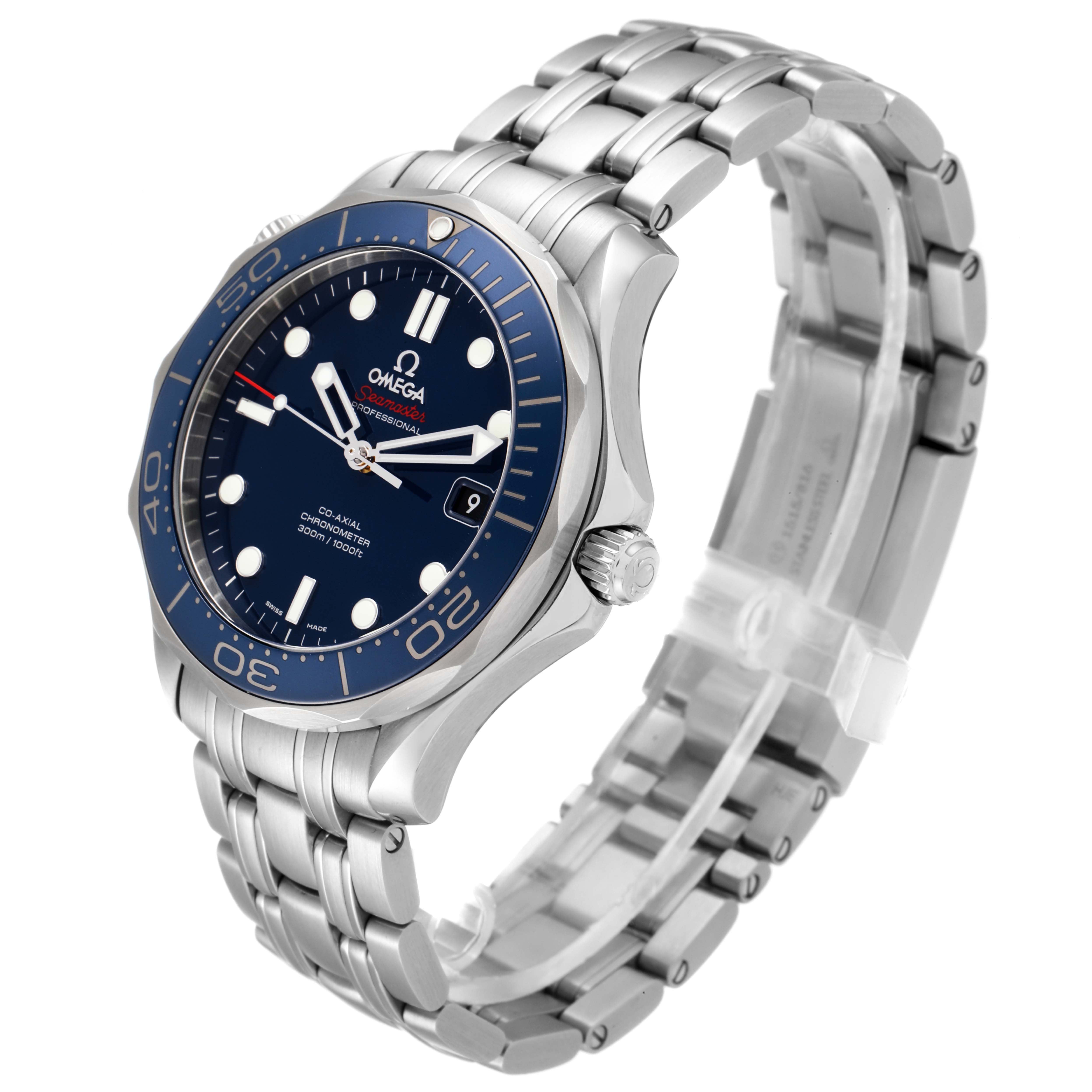 The image shows an Omega Seamaster 212.30.41.20.03.001 Men's Stainless Steel Blue Dial 212.30.41.20.03.001 Men's Stainless Steel Blue Dial watch at a three-quarter angle, highlighting its face, bezel, crown, and metal bracelet.