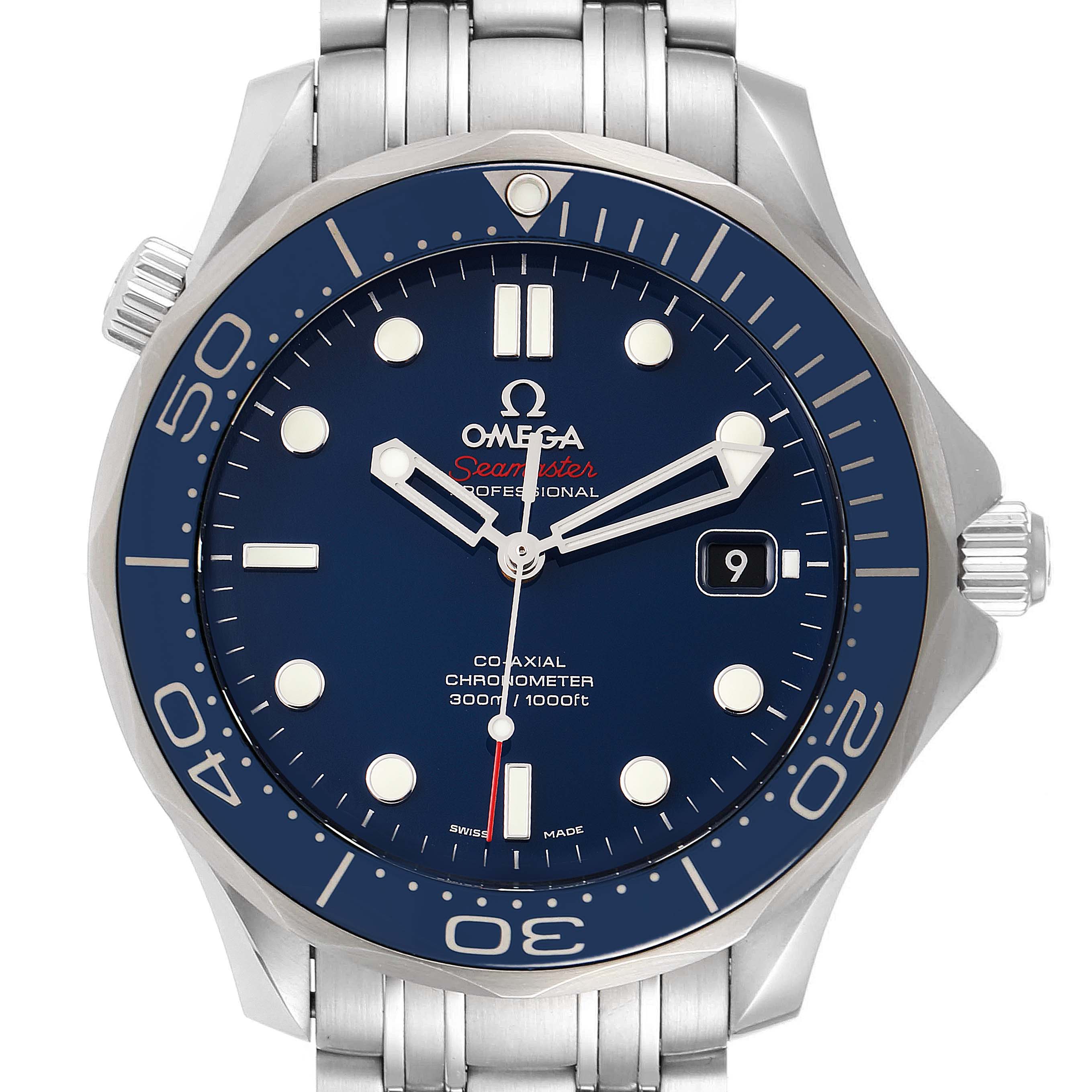 This image shows a front view of an Omega Seamaster 212.30.41.20.03.001 Men's Stainless Steel Blue Dial 212.30.41.20.03.001 Men's Stainless Steel Blue Dial watch, highlighting the dial, bezel, crown, and bracelet.