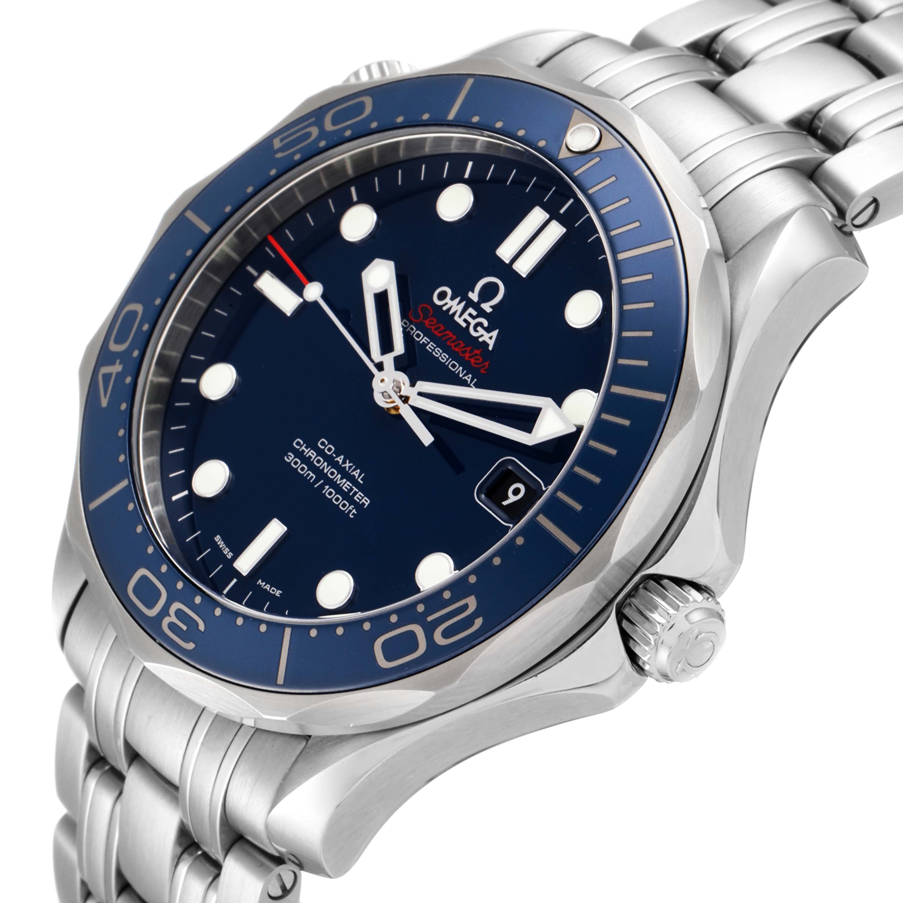 The image shows a close-up angled view of an Omega Seamaster 212.30.41.20.03.001 Men's Stainless Steel Blue Dial 212.30.41.20.03.001 Men's Stainless Steel Blue Dial watch, highlighting its face, bezel, crown, and metal bracelet.