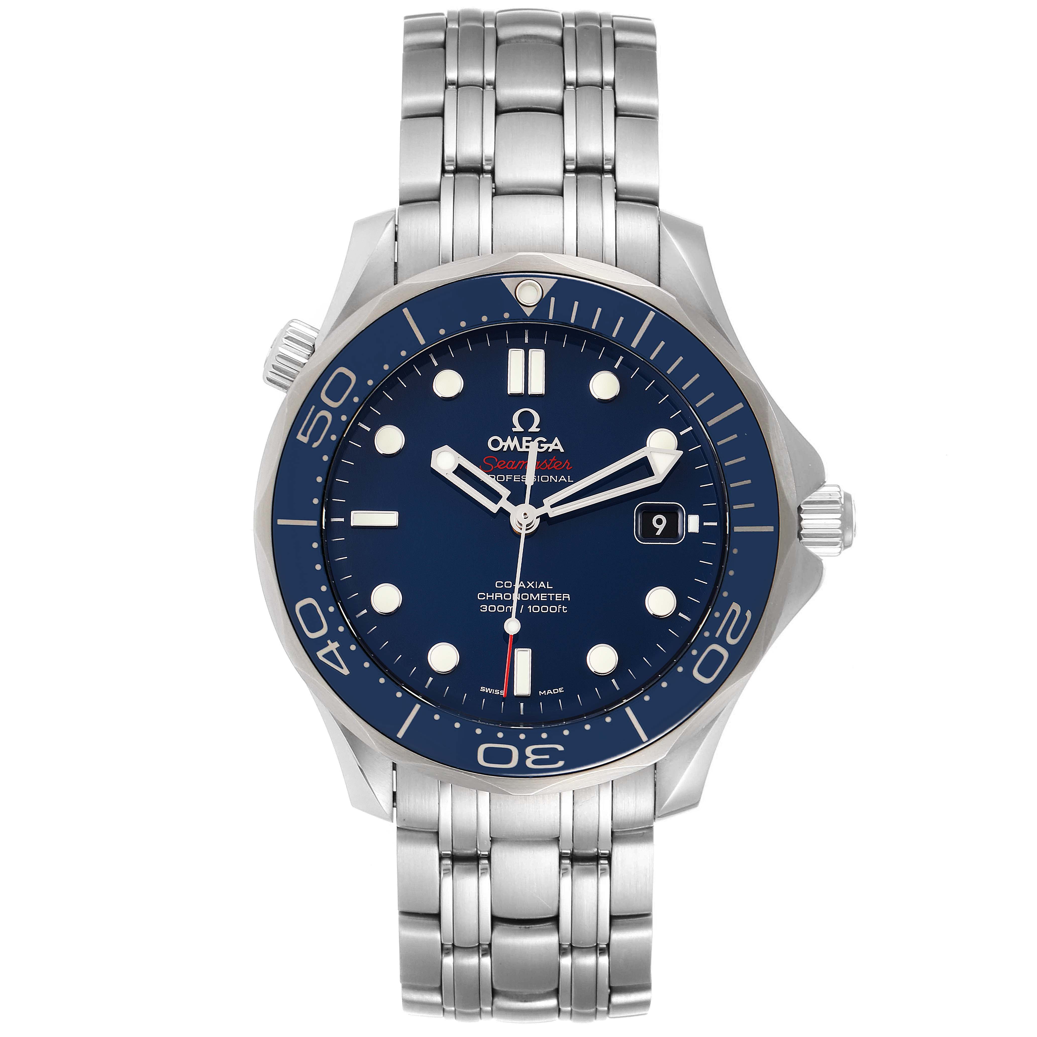 The image shows a front view of an Omega Seamaster 212.30.41.20.03.001 Men's Stainless Steel Blue Dial 212.30.41.20.03.001 Men's Stainless Steel Blue Dial watch with a blue dial and a stainless steel bracelet.