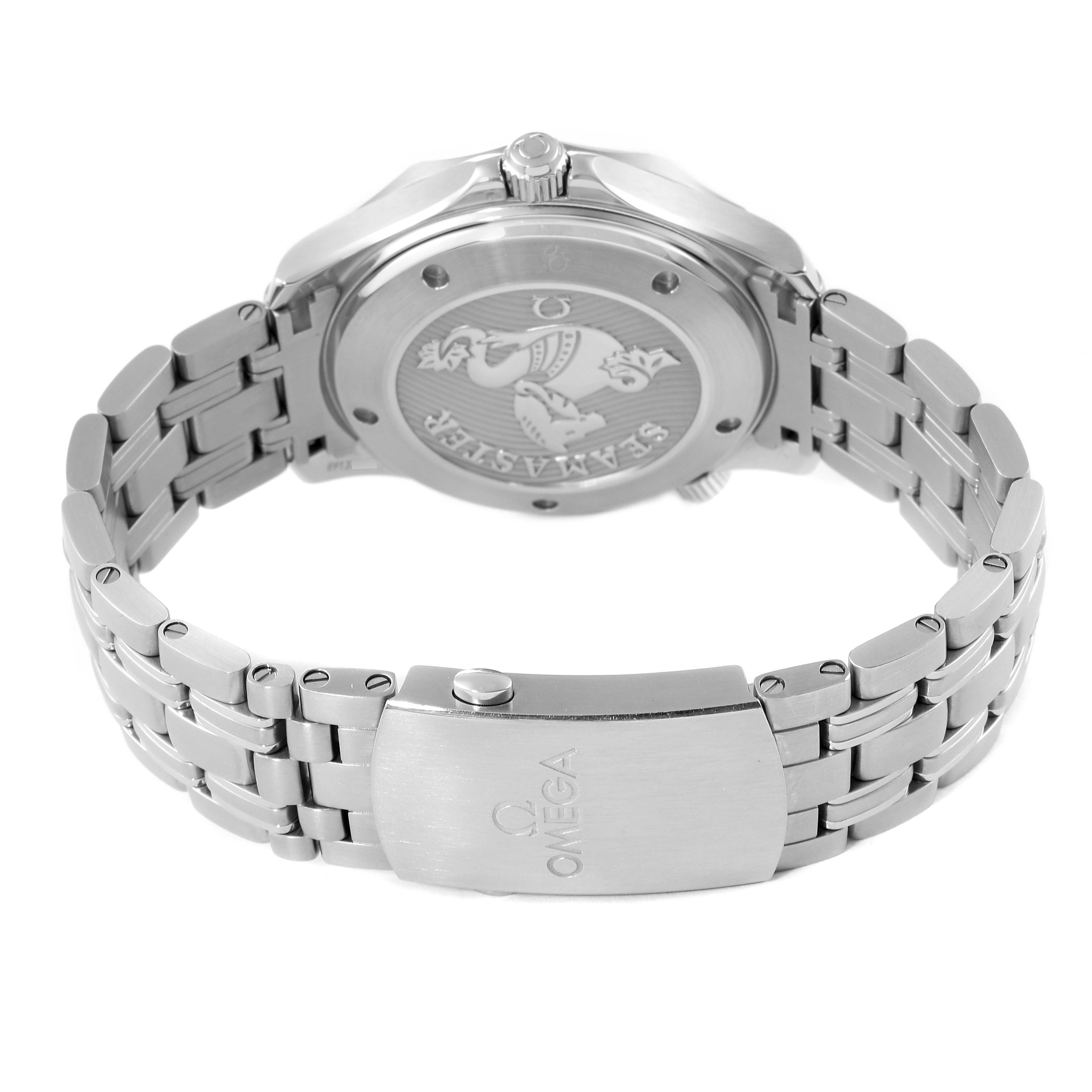 The image shows the back and bracelet of an Omega Seamaster 212.30.41.20.03.001 Men's Stainless Steel Blue Dial 212.30.41.20.03.001 Men's Stainless Steel Blue Dial watch, highlighting the case back and clasp.