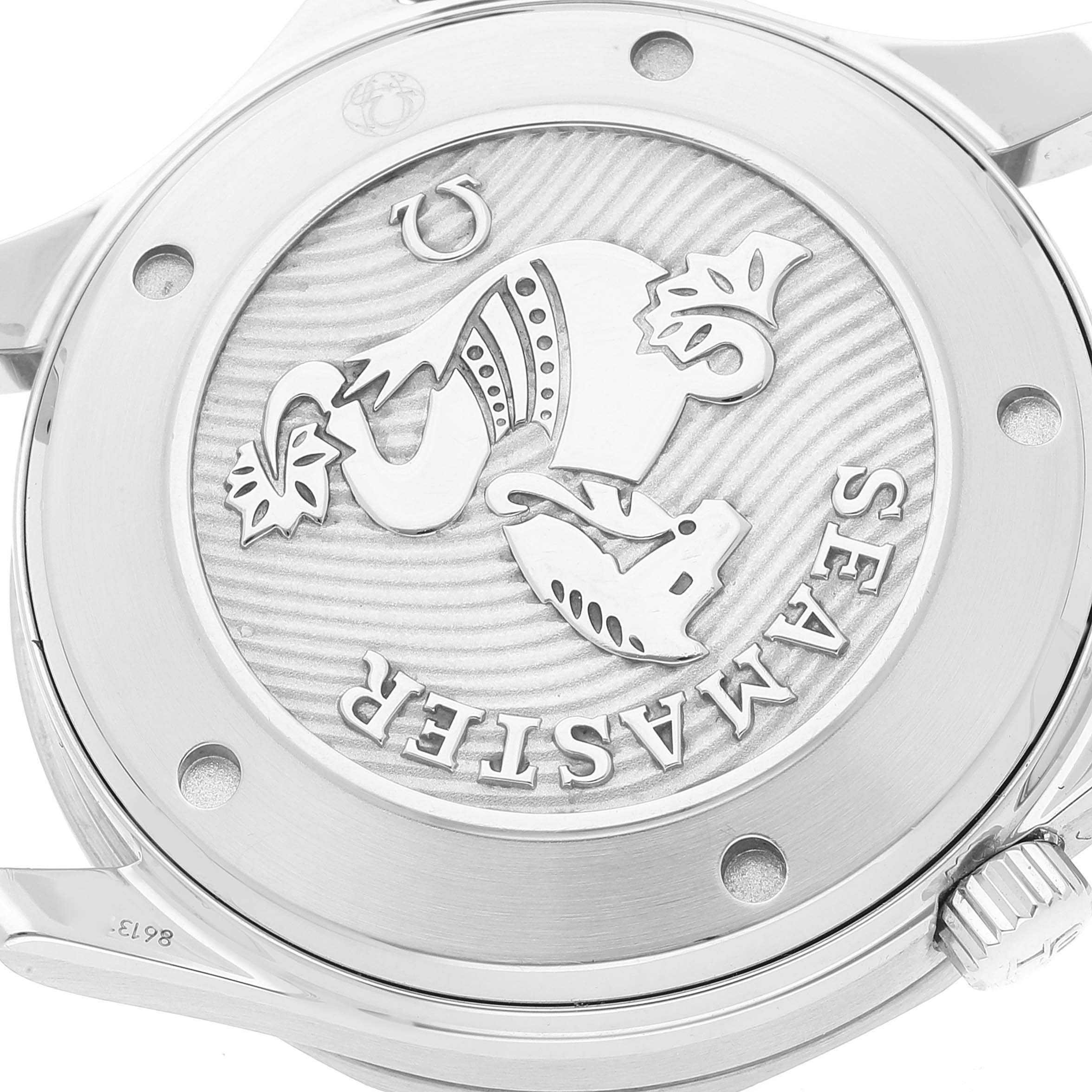 This image shows the back case of the Omega Seamaster 212.30.41.20.03.001 Men's Stainless Steel Blue Dial 212.30.41.20.03.001 Men's Stainless Steel Blue Dial watch, highlighting the engraved design and model name.