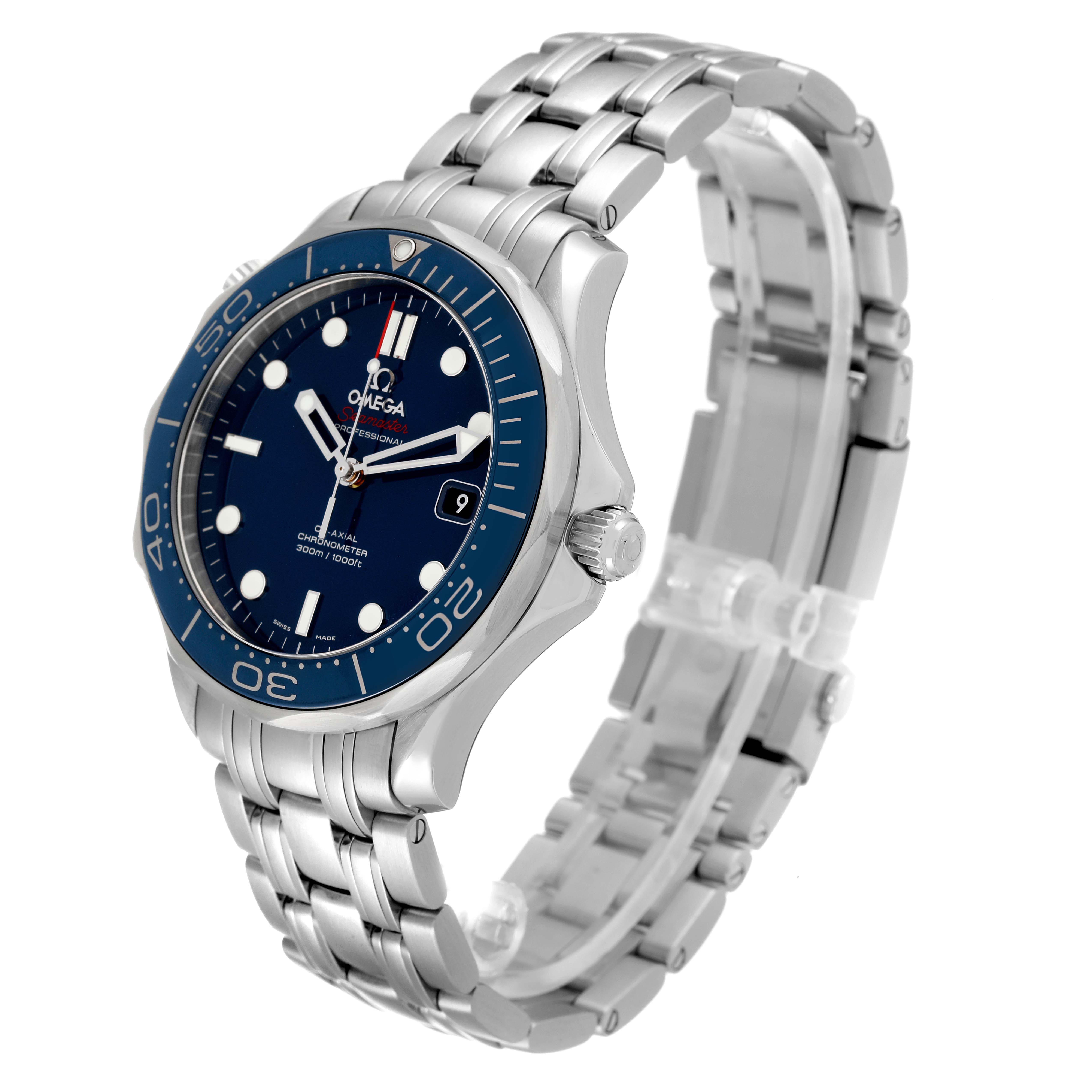 This image shows an angled view of the Omega Seamaster 212.30.41.20.03.001 Men's Stainless Steel Blue Dial 212.30.41.20.03.001 Men's Stainless Steel Blue Dial watch displaying its face, bracelet, and crown.
