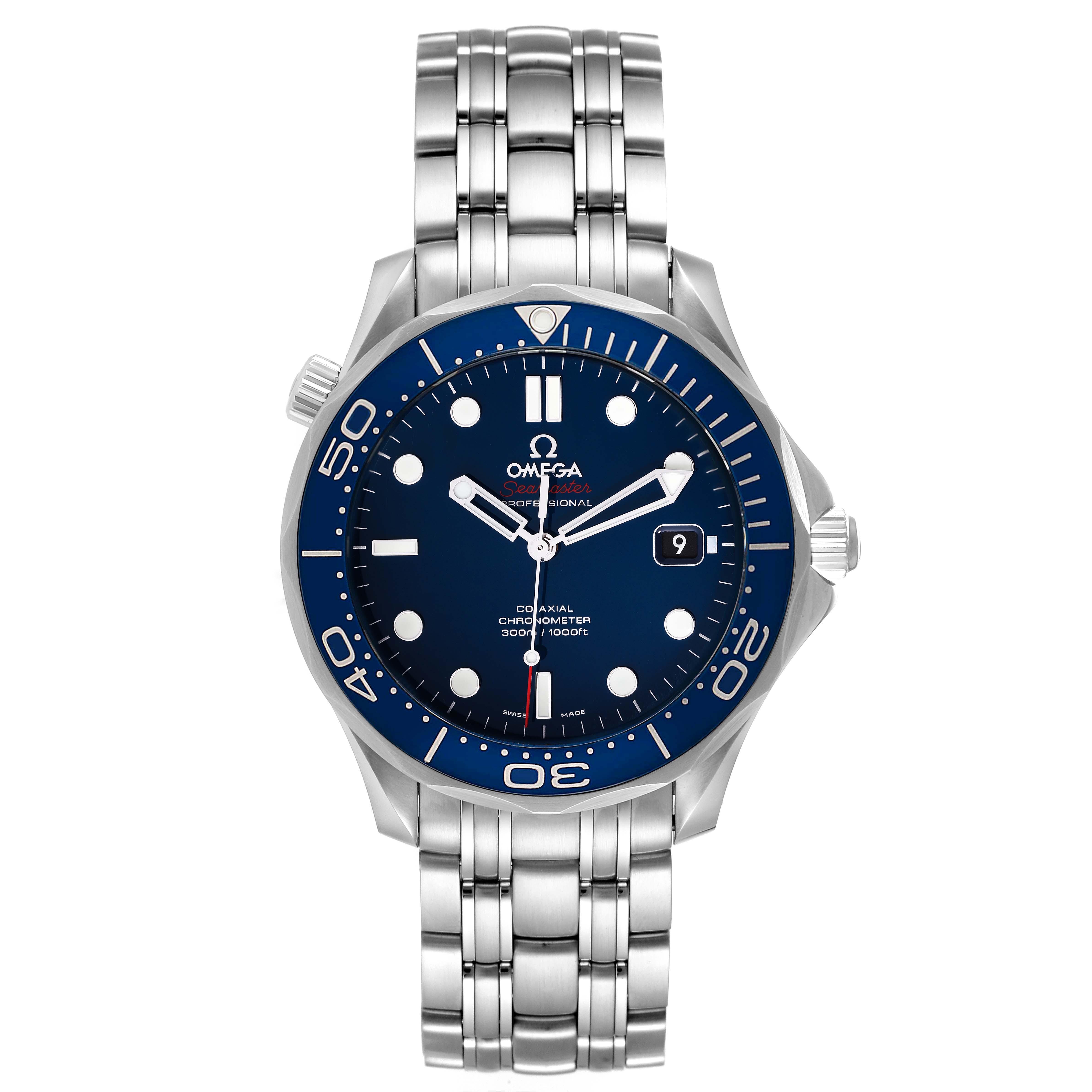 This image shows a front view of an Omega Seamaster 212.30.41.20.03.001 Men's Stainless Steel Blue Dial 212.30.41.20.03.001 Men's Stainless Steel Blue Dial watch, highlighting its blue dial, bezel, and stainless steel bracelet.