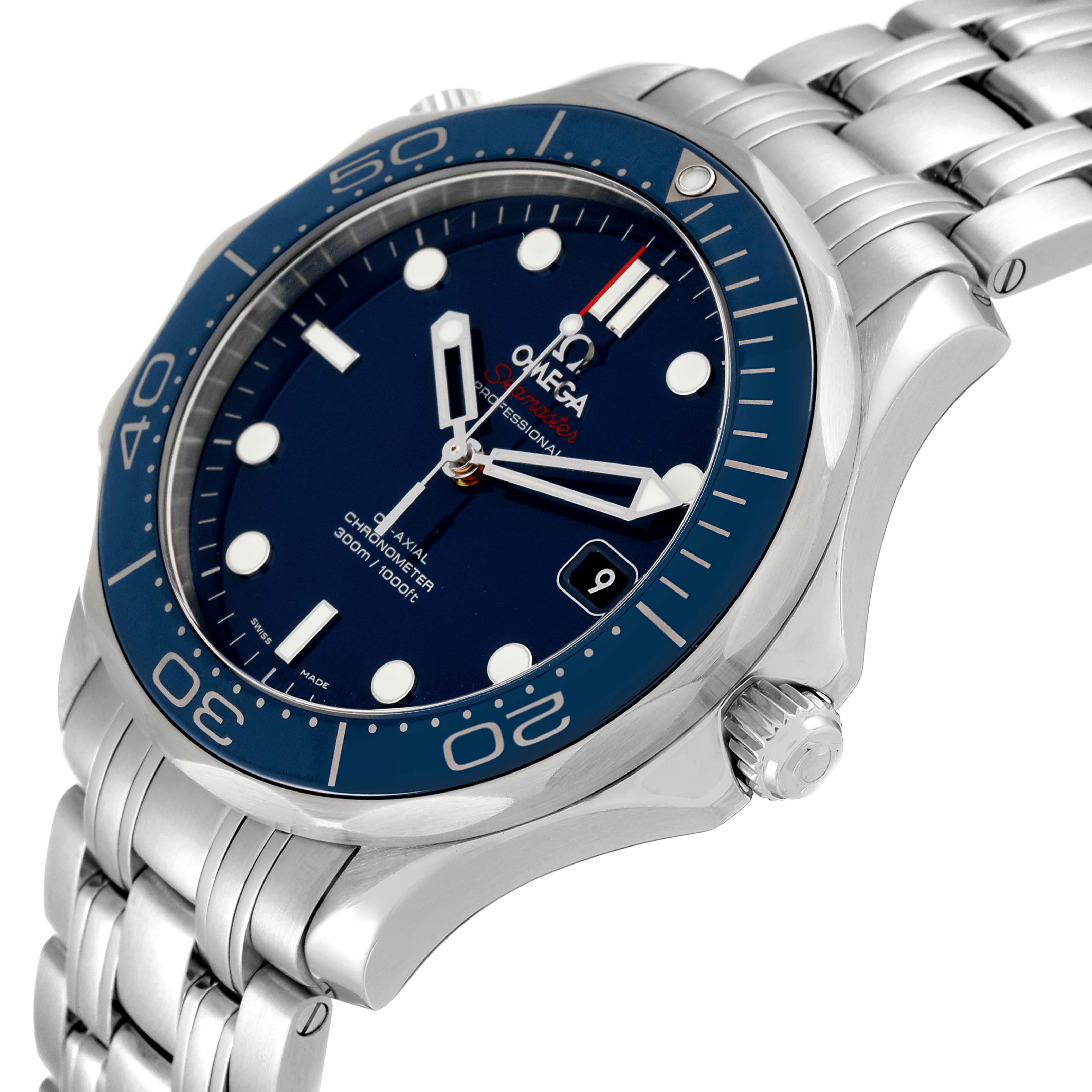 The image shows an angled view of an Omega Seamaster 212.30.41.20.03.001 Men's Stainless Steel Blue Dial 212.30.41.20.03.001 Men's Stainless Steel Blue Dial watch, highlighting the bezel, dial, crown, and bracelet.