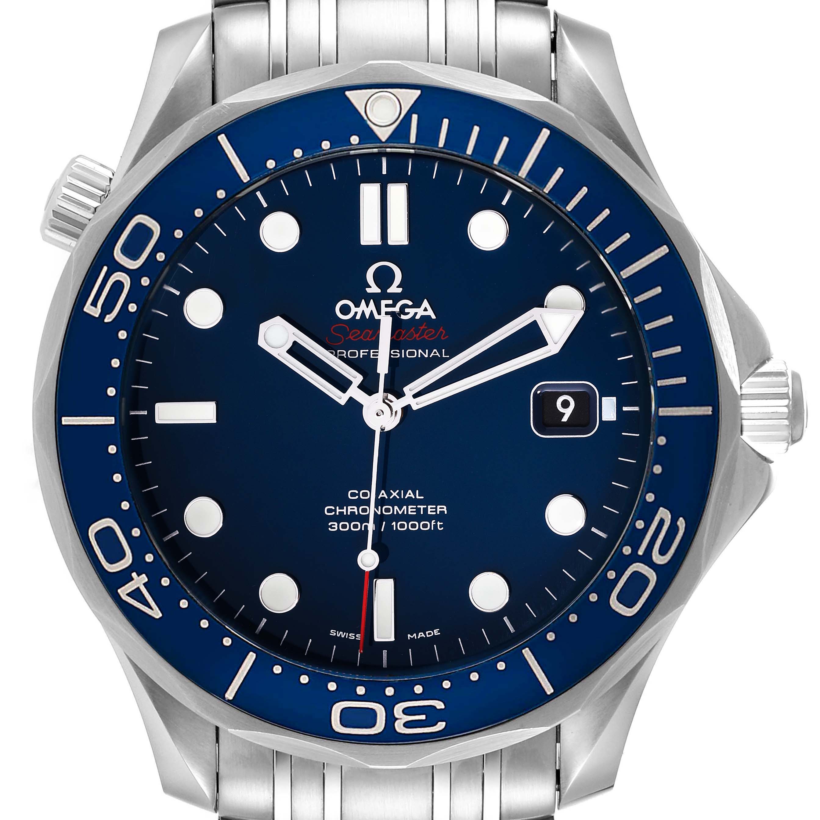 The image shows the front view of the Omega Seamaster 212.30.41.20.03.001 Men's Stainless Steel Blue Dial 212.30.41.20.03.001 Men's Stainless Steel Blue Dial watch, highlighting its dial, bezel, and bracelet.