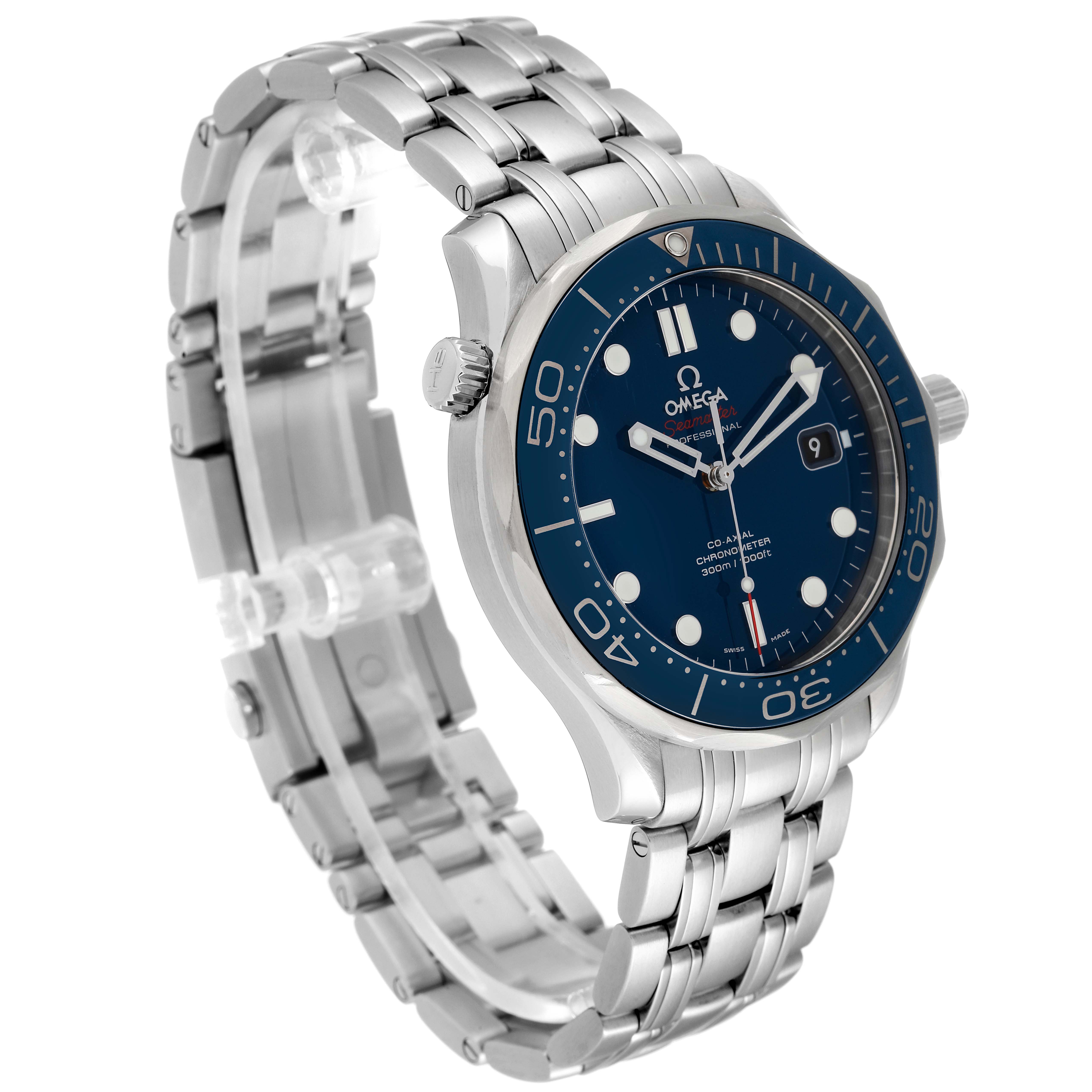 The Omega Seamaster 212.30.41.20.03.001 Men's Stainless Steel Blue Dial 212.30.41.20.03.001 Men's Stainless Steel Blue Dial watch is shown at a slight angle, highlighting the blue dial, bezel, and stainless steel bracelet.