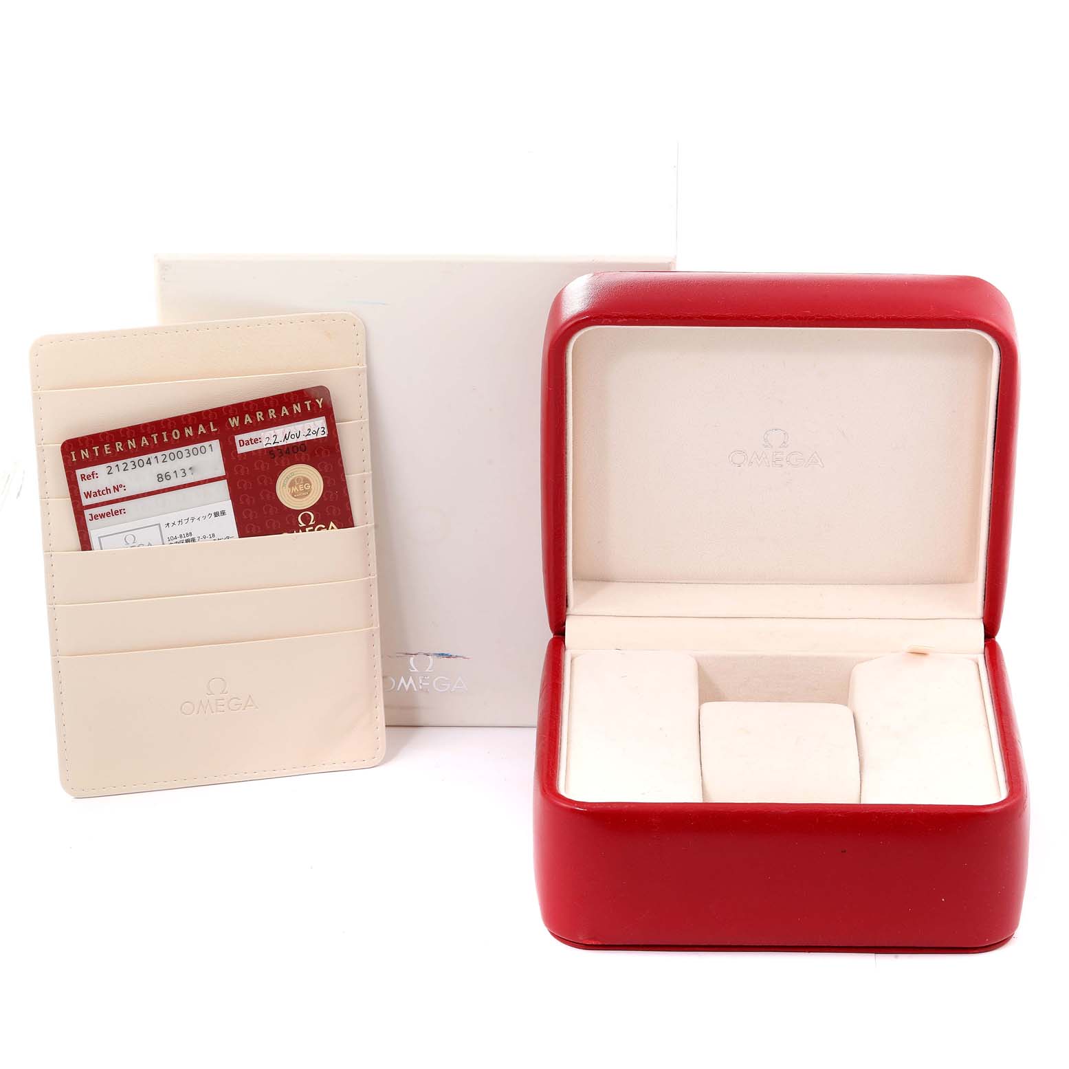 The image shows an Omega Seamaster 212.30.41.20.03.001 Men's Stainless Steel Blue Dial 212.30.41.20.03.001 Men's Stainless Steel Blue Dial watch's box, international warranty card, leather cardholder, and outer box.