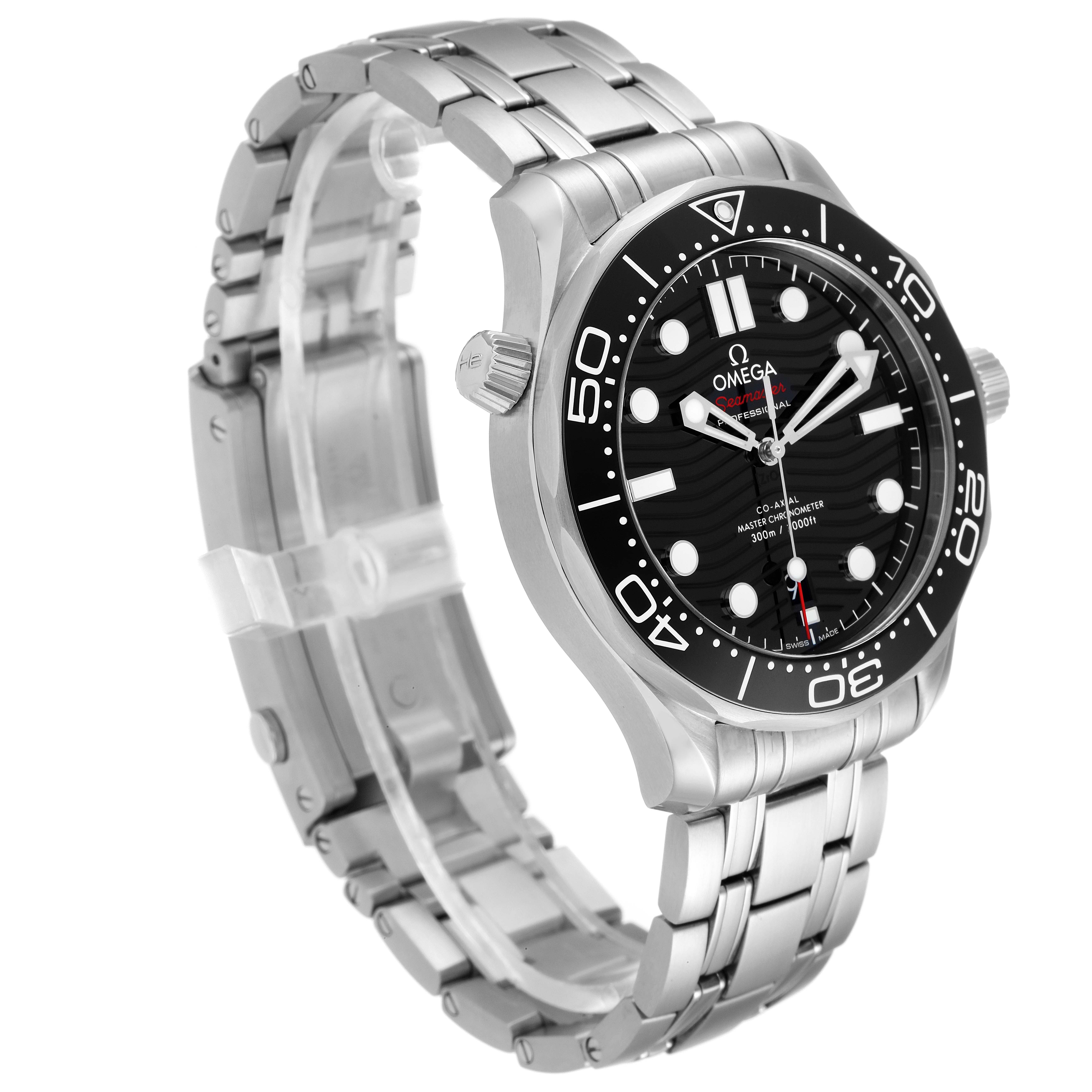 The image shows a side angle of an Omega Seamaster 210.30.42.20.01.001 Men's Stainless Steel Black Dial 210.30.42.20.01.001 Men's Stainless Steel Black Dial watch featuring its bracelet, bezel, dial, and crown.