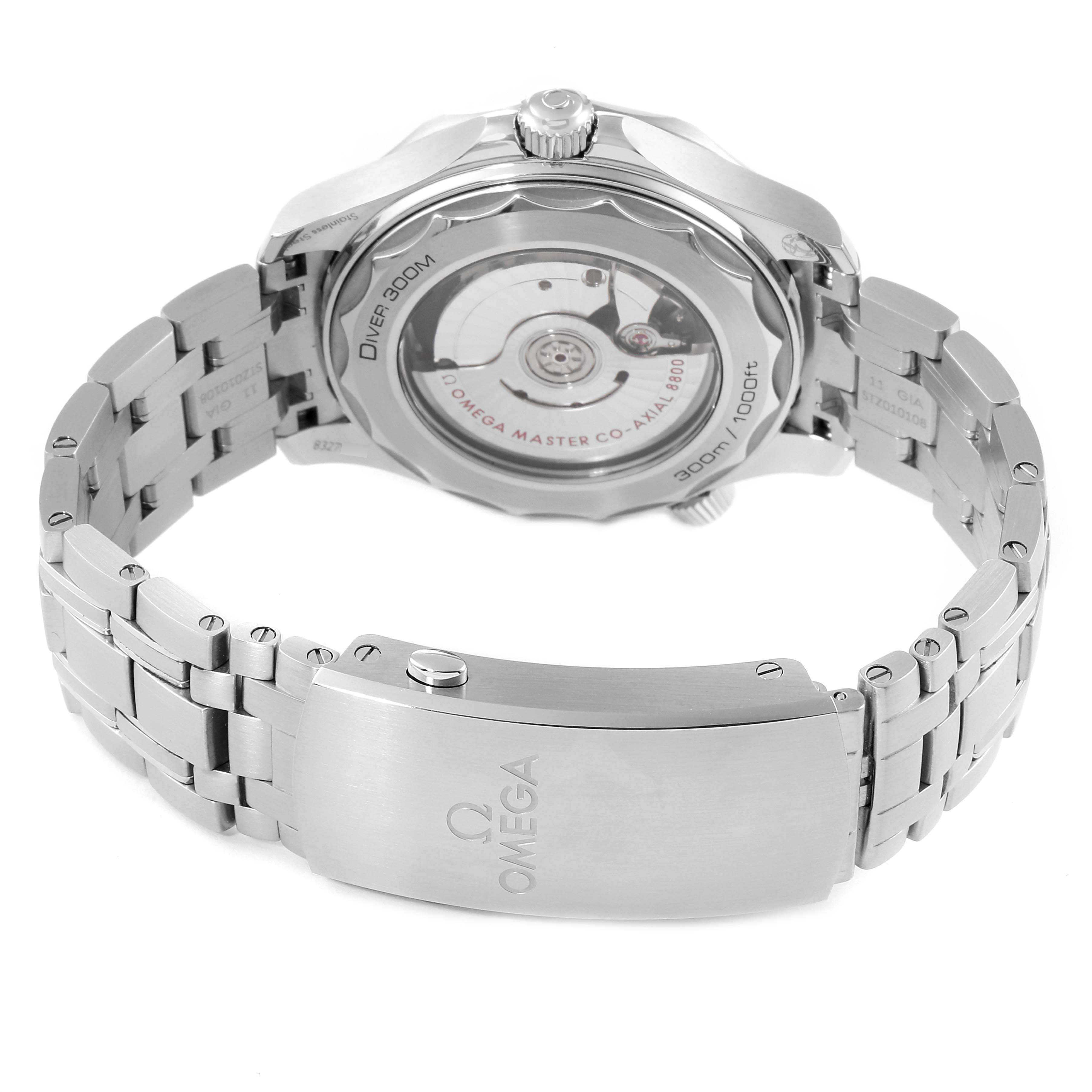 This image displays the back and clasp of the Omega Seamaster 210.30.42.20.01.001 Men's Stainless Steel Black Dial 210.30.42.20.01.001 Men's Stainless Steel Black Dial watch, highlighting the movement mechanism and branding.